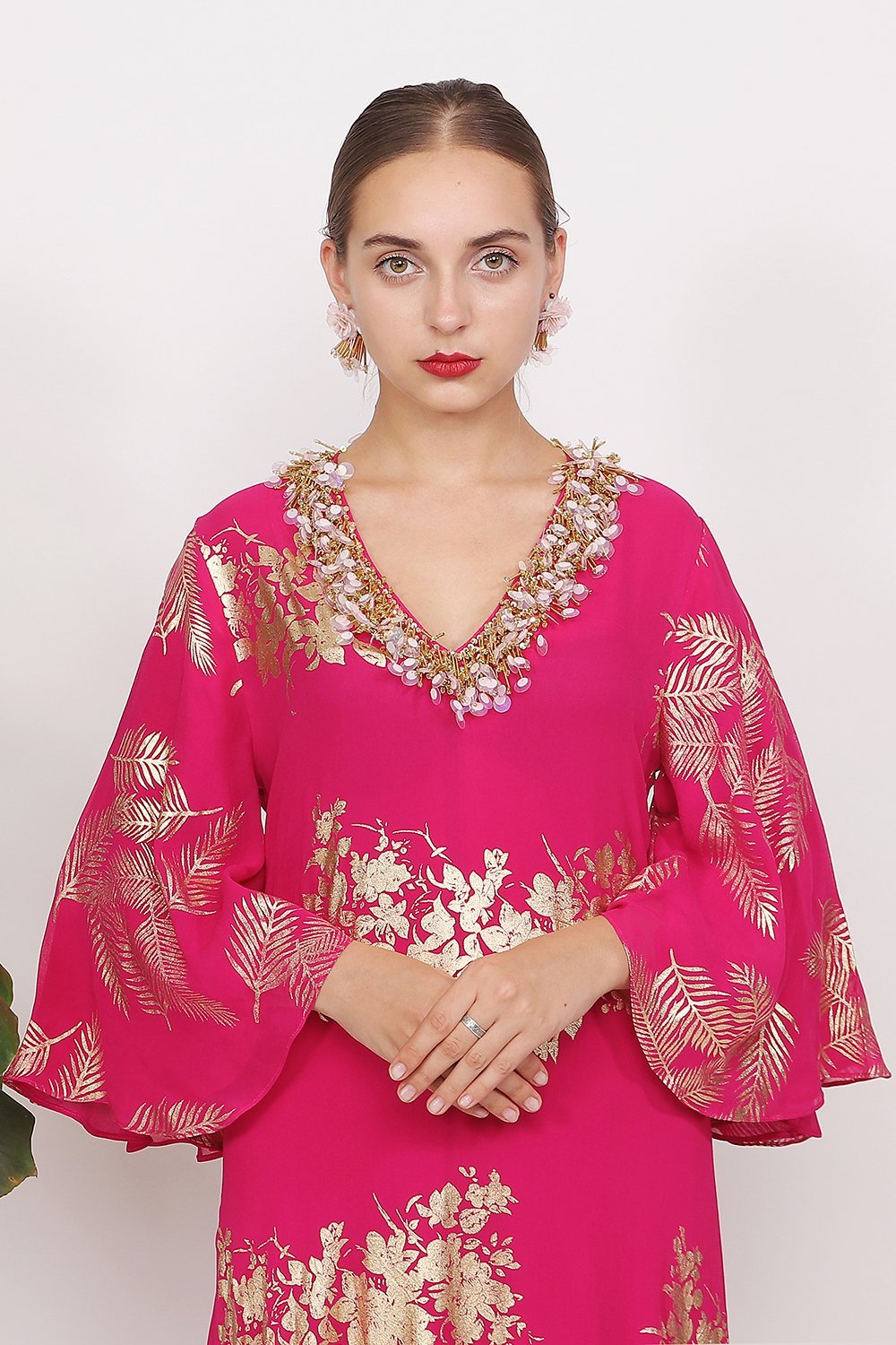 Gold printed a-line flore length frill dress with embroidered neckline