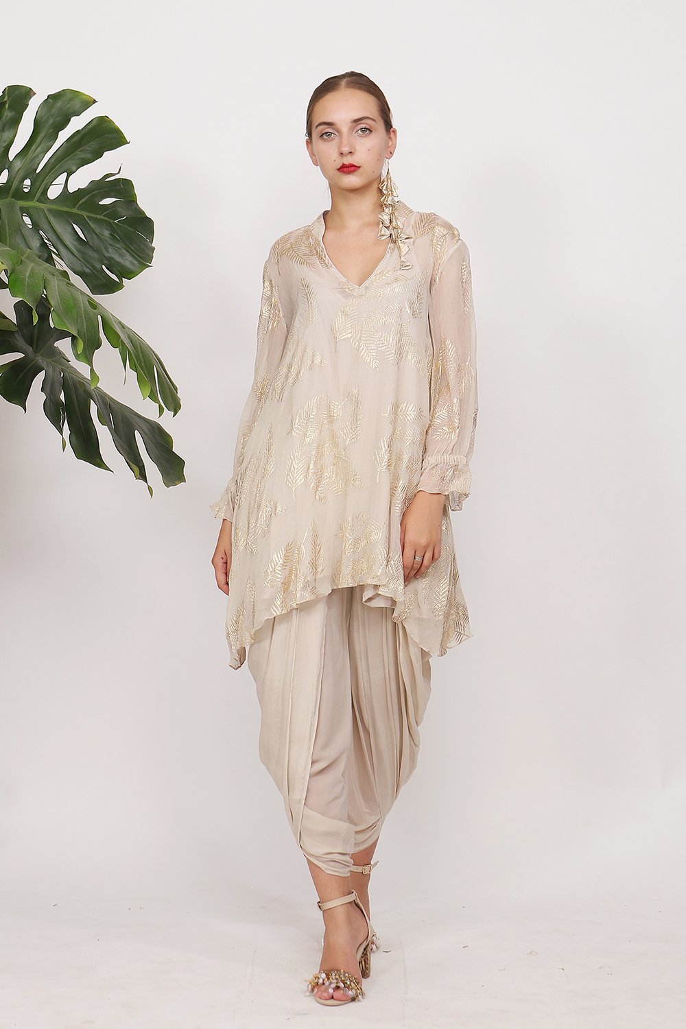 Gold printed asymmetrical tunic with cowl dhoti