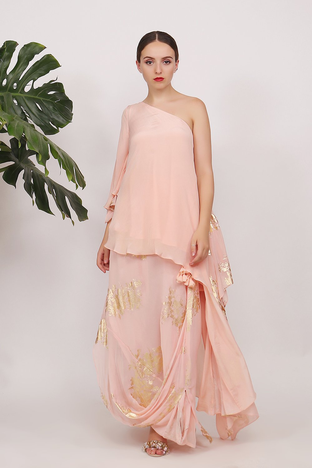 Off shoulder top and side godet gold printed with cowl skirt
