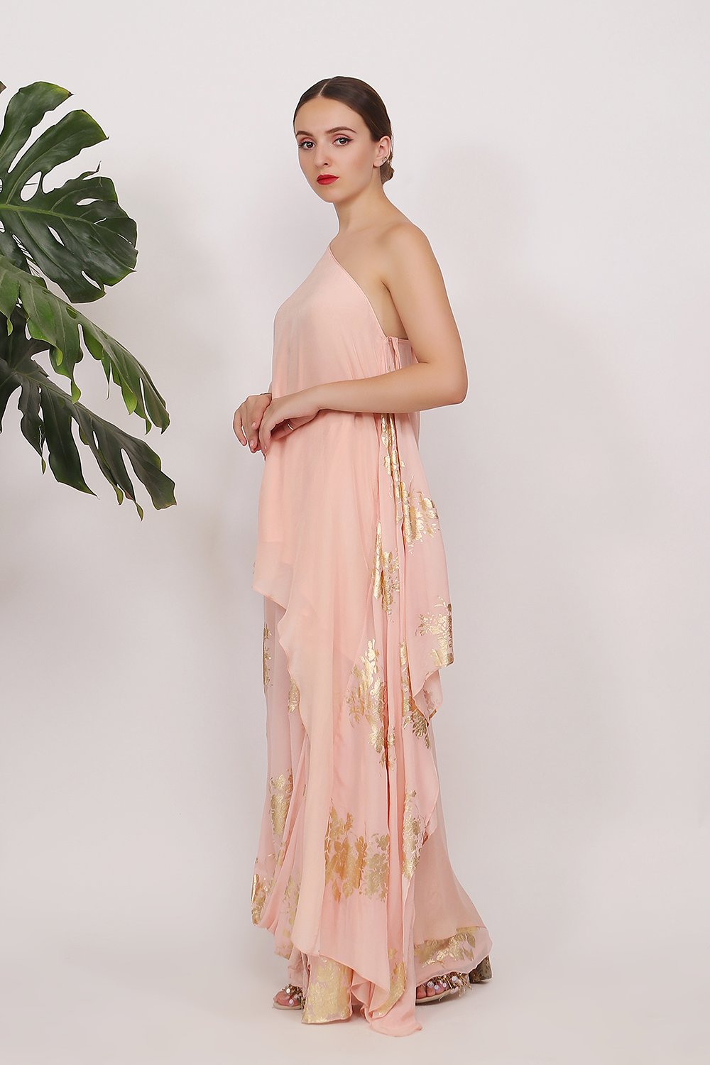 Off shoulder top and side godet gold printed with cowl skirt
