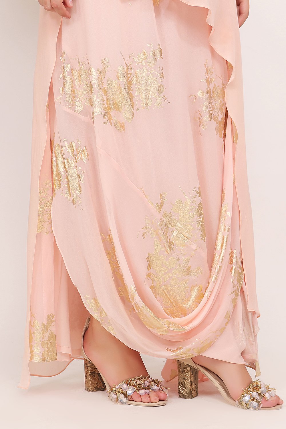 Off shoulder top and side godet gold printed with cowl skirt