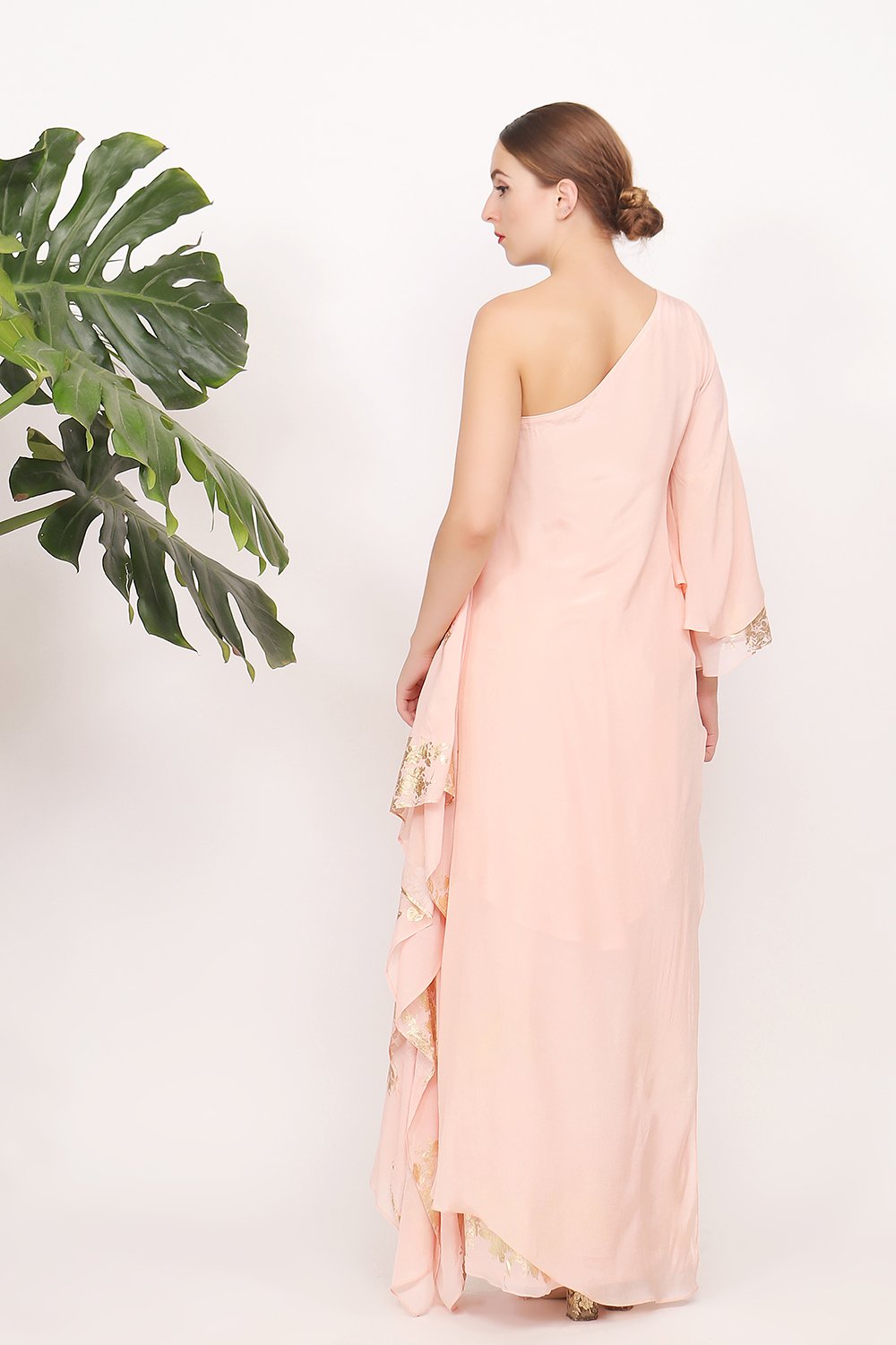 Off shoulder top and side godet gold printed with cowl skirt