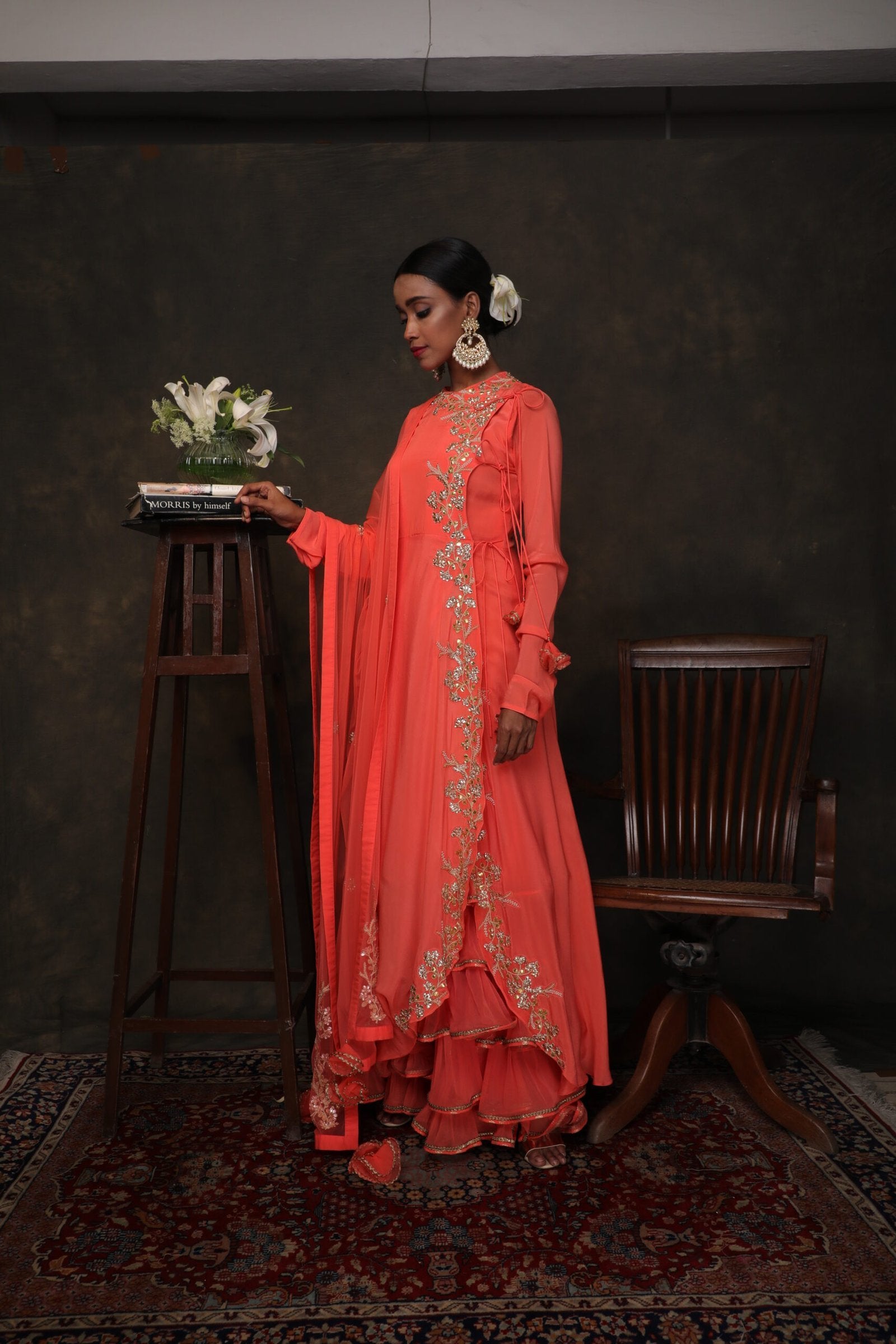 Coral crepe side tie up angarakha with churidar and embroidered dupatta