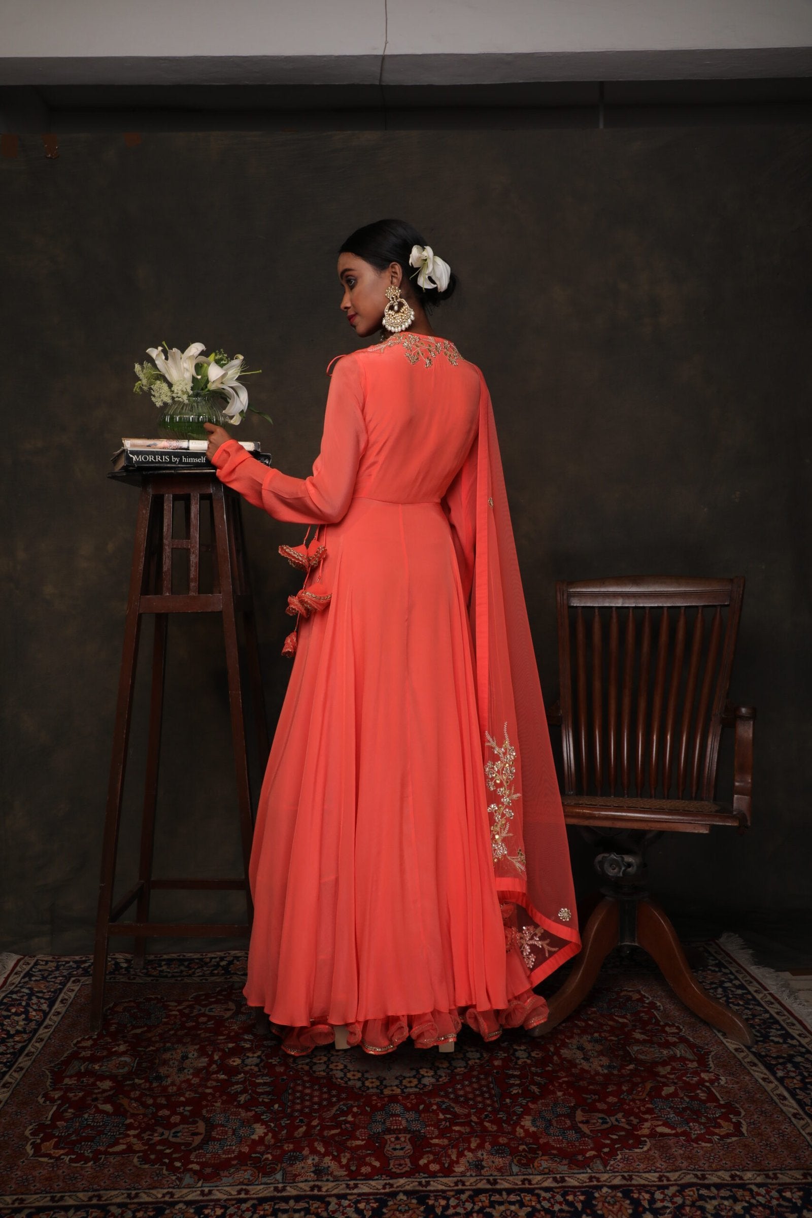 Coral crepe side tie up angarakha with churidar and embroidered dupatta