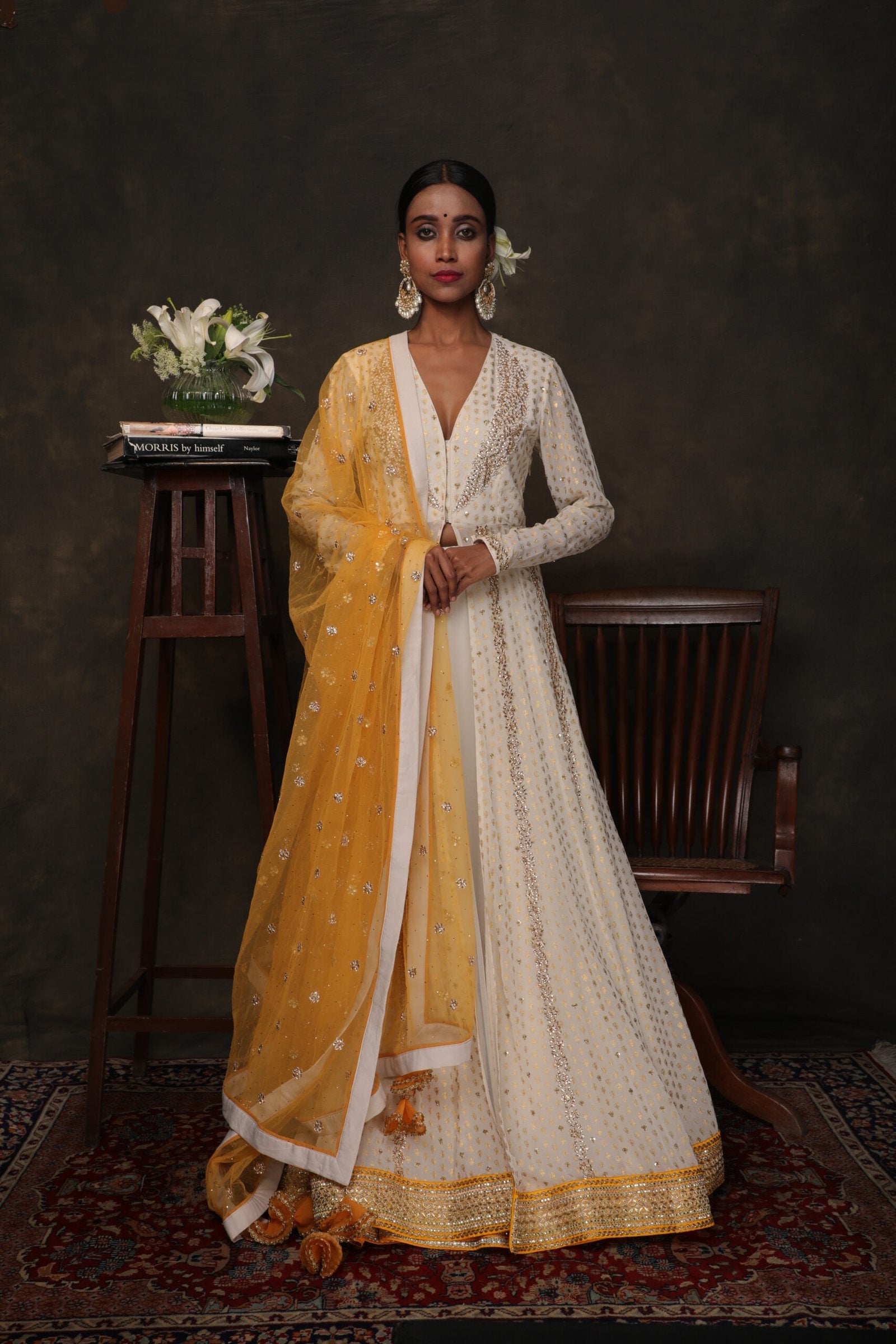 Ghee georgette hand printed gold butta kalidar with lehenga and pitambari dupatta