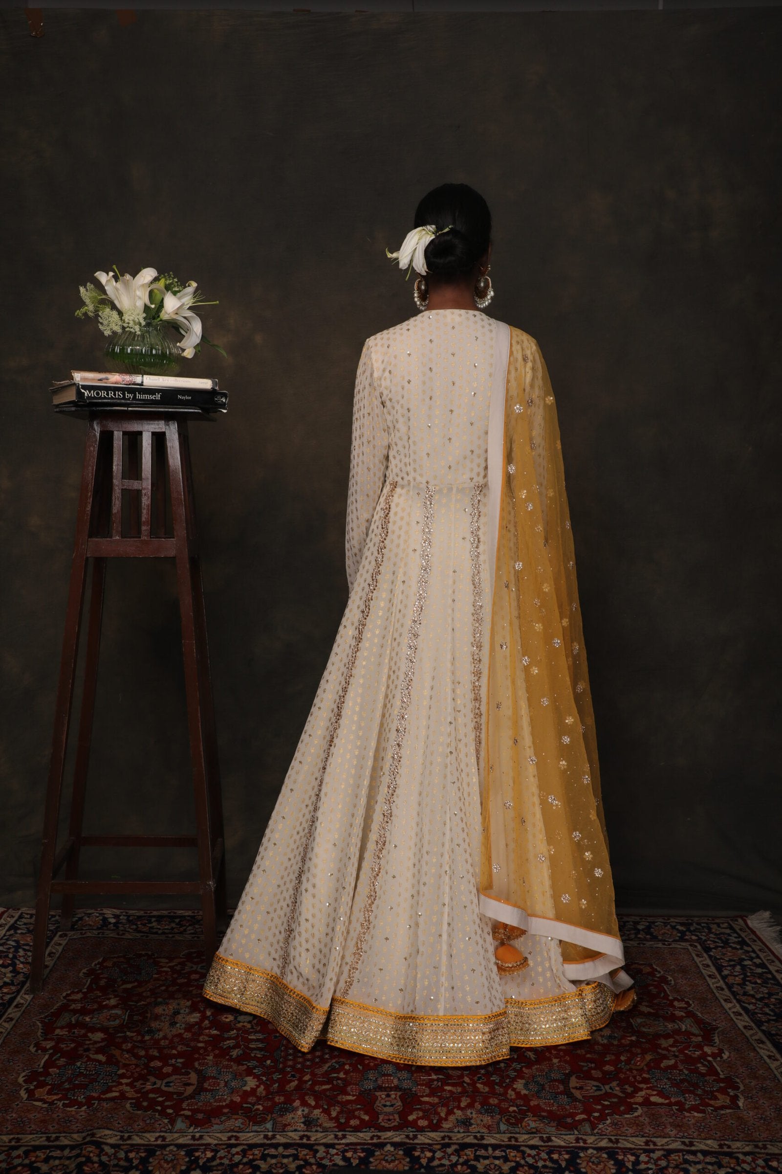 Ghee georgette hand printed gold butta kalidar with lehenga and pitambari dupatta