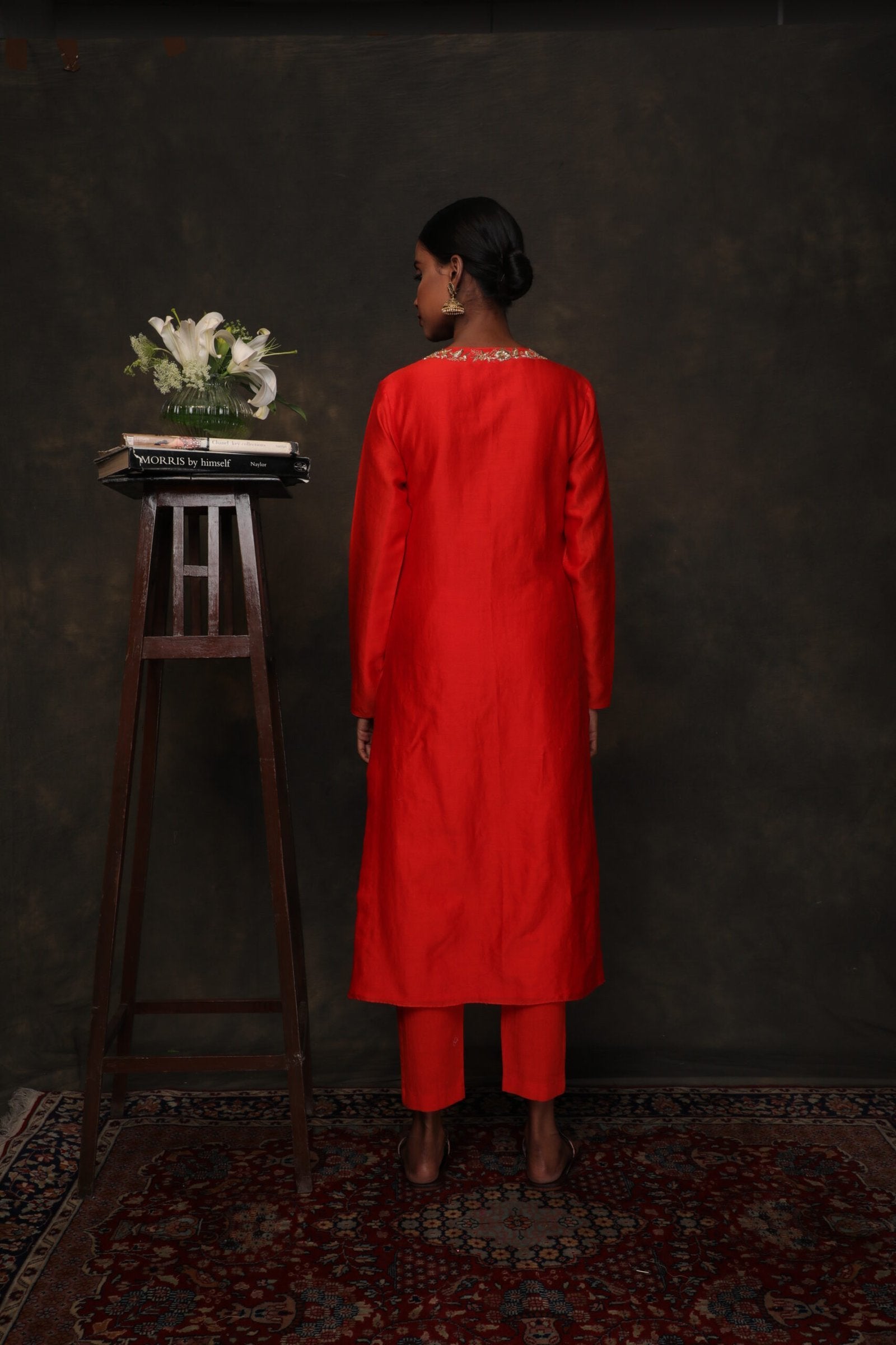 Coral chanderi silk kurta with cropped cigarette pants