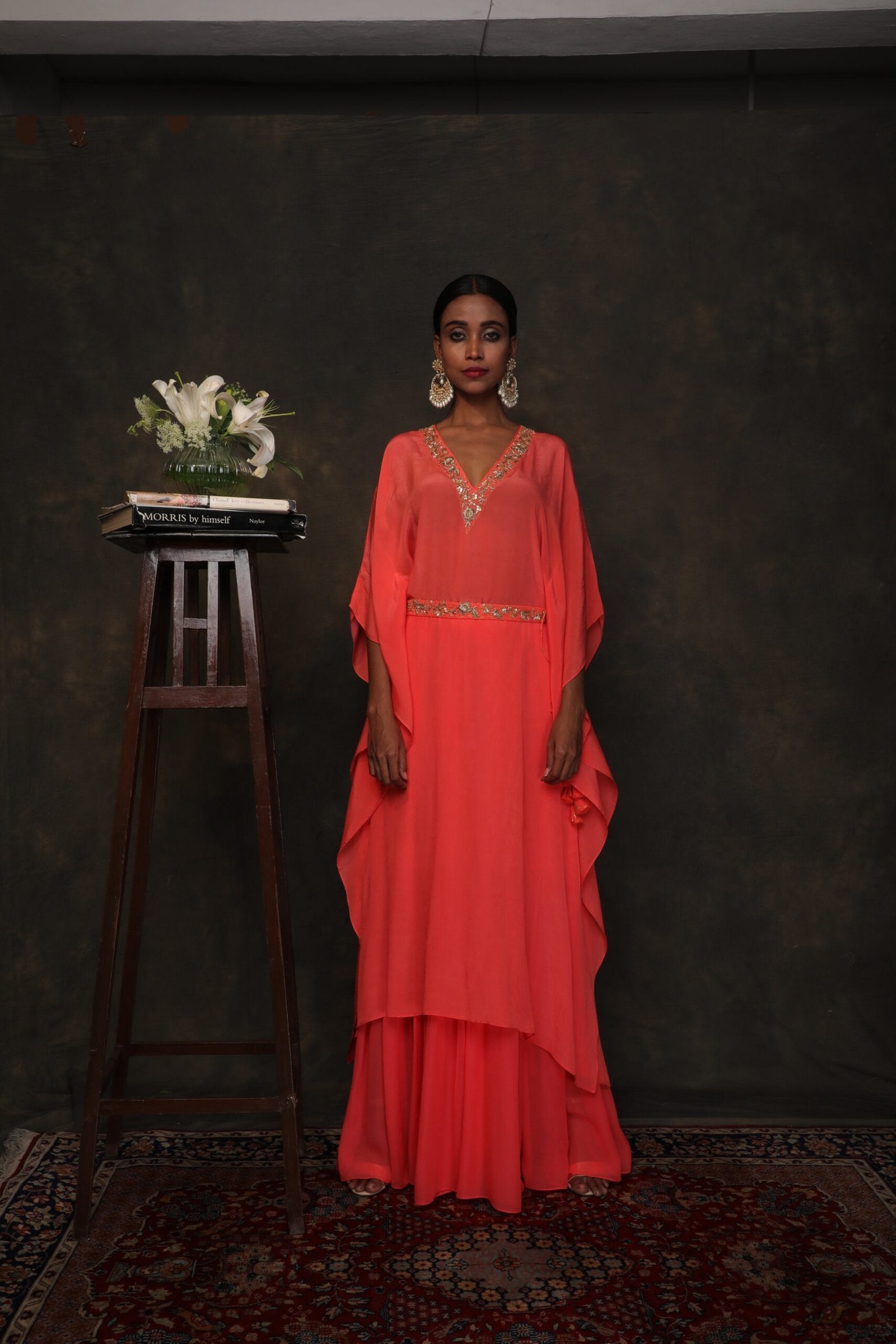 Gajari crepe kaftan with a double layer sharara and belt