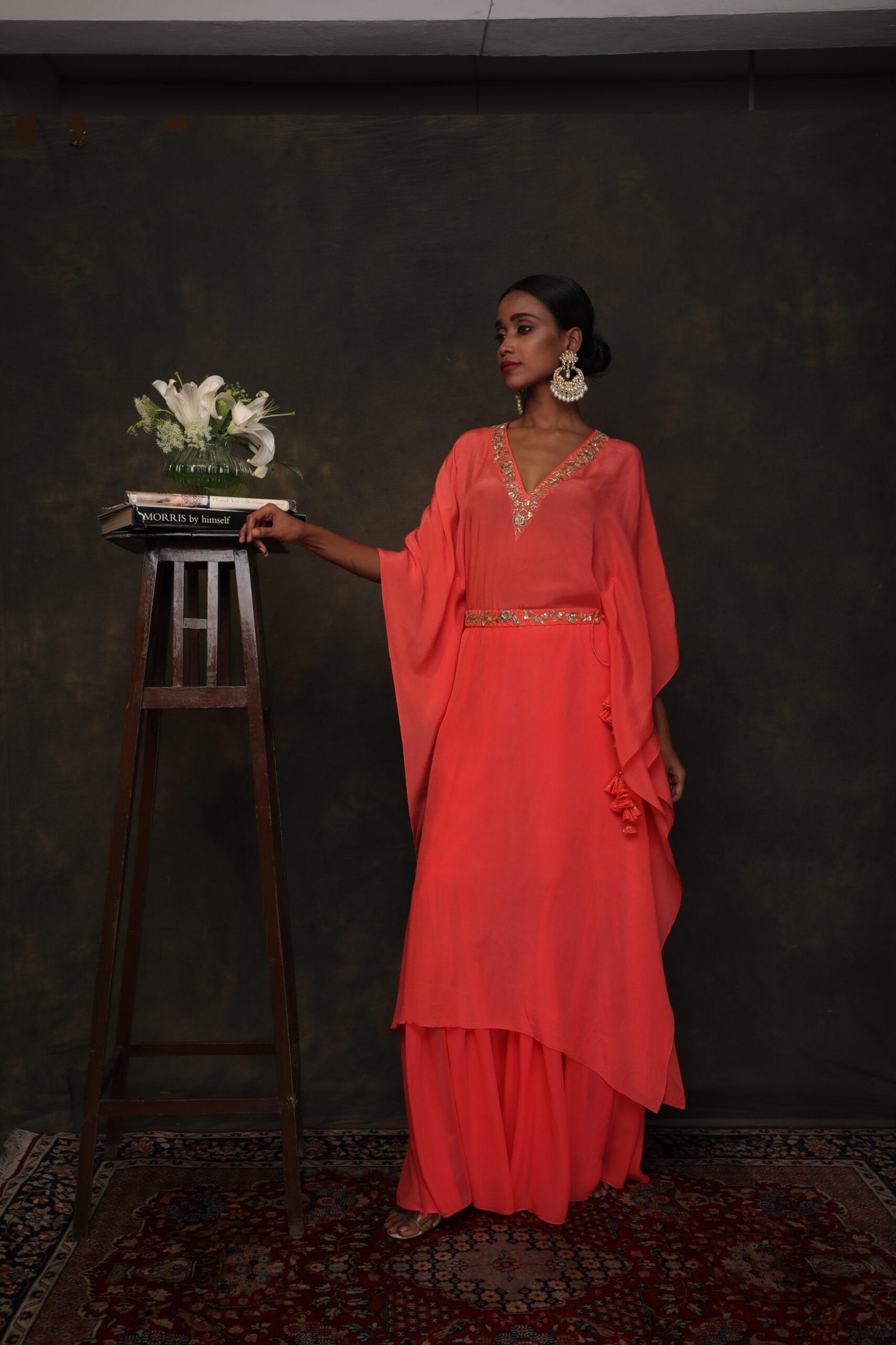 Gajari crepe kaftan with a double layer sharara and belt