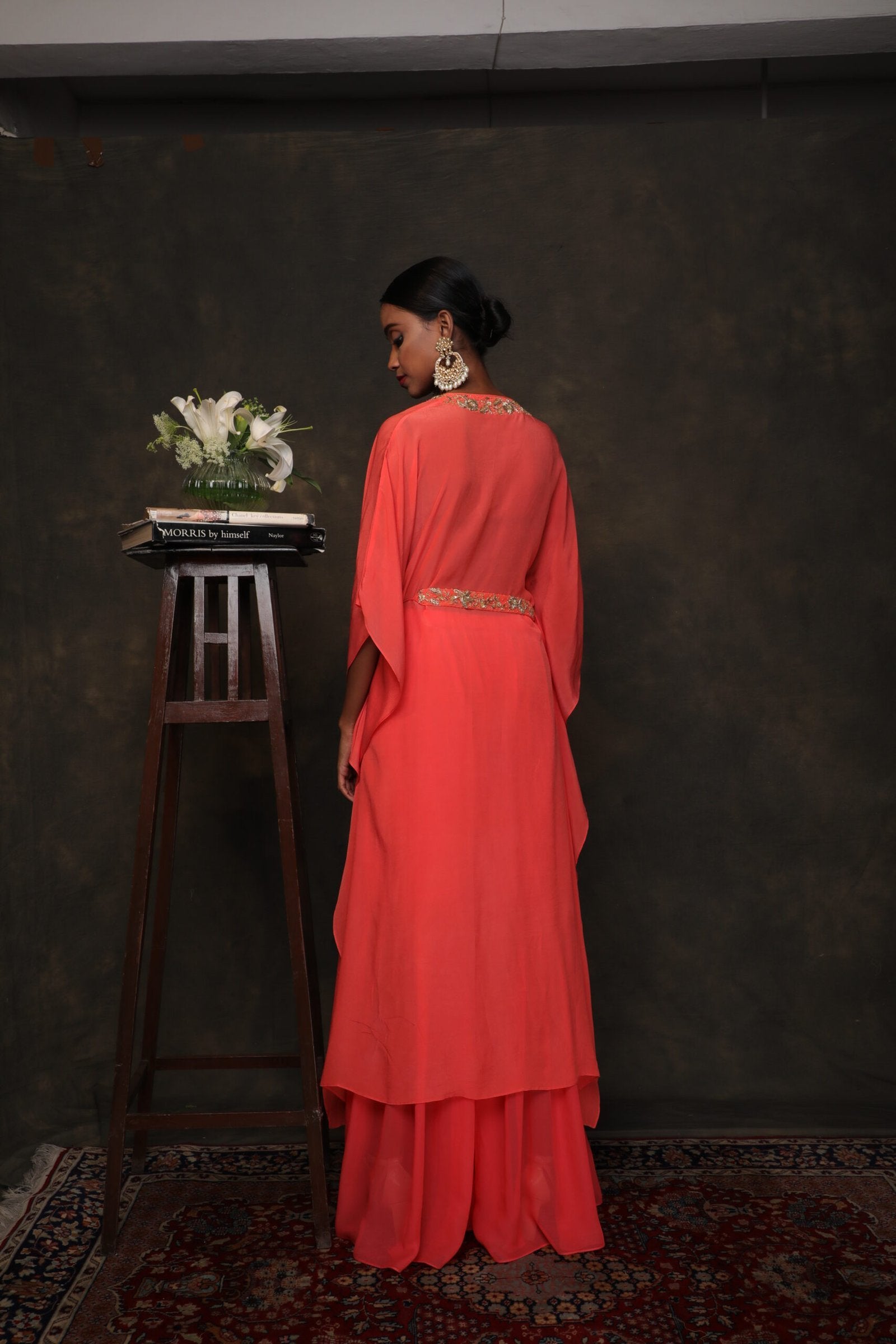 Gajari crepe kaftan with a double layer sharara and belt