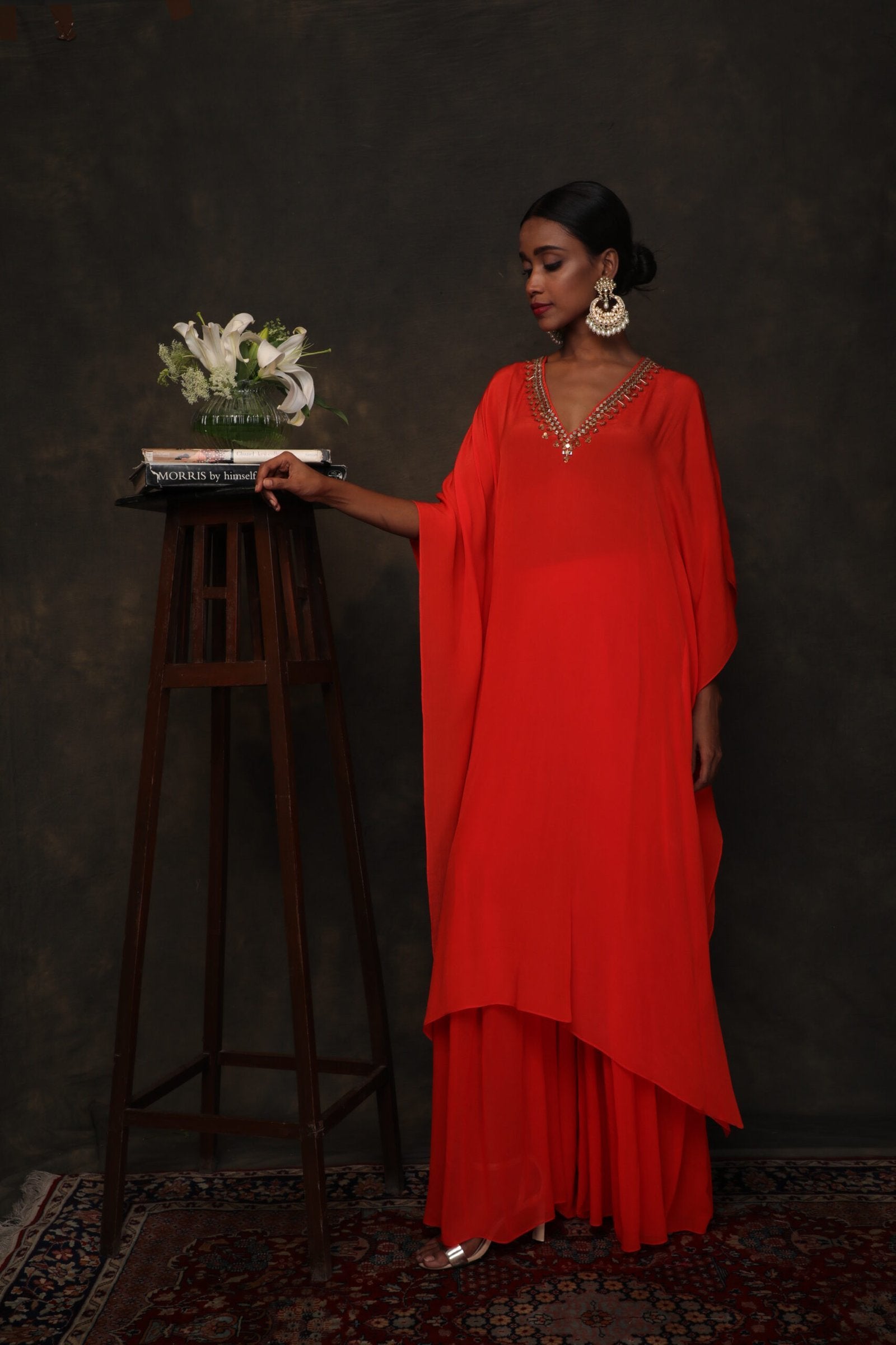 Coral crepe kaftan with a double layer sharara