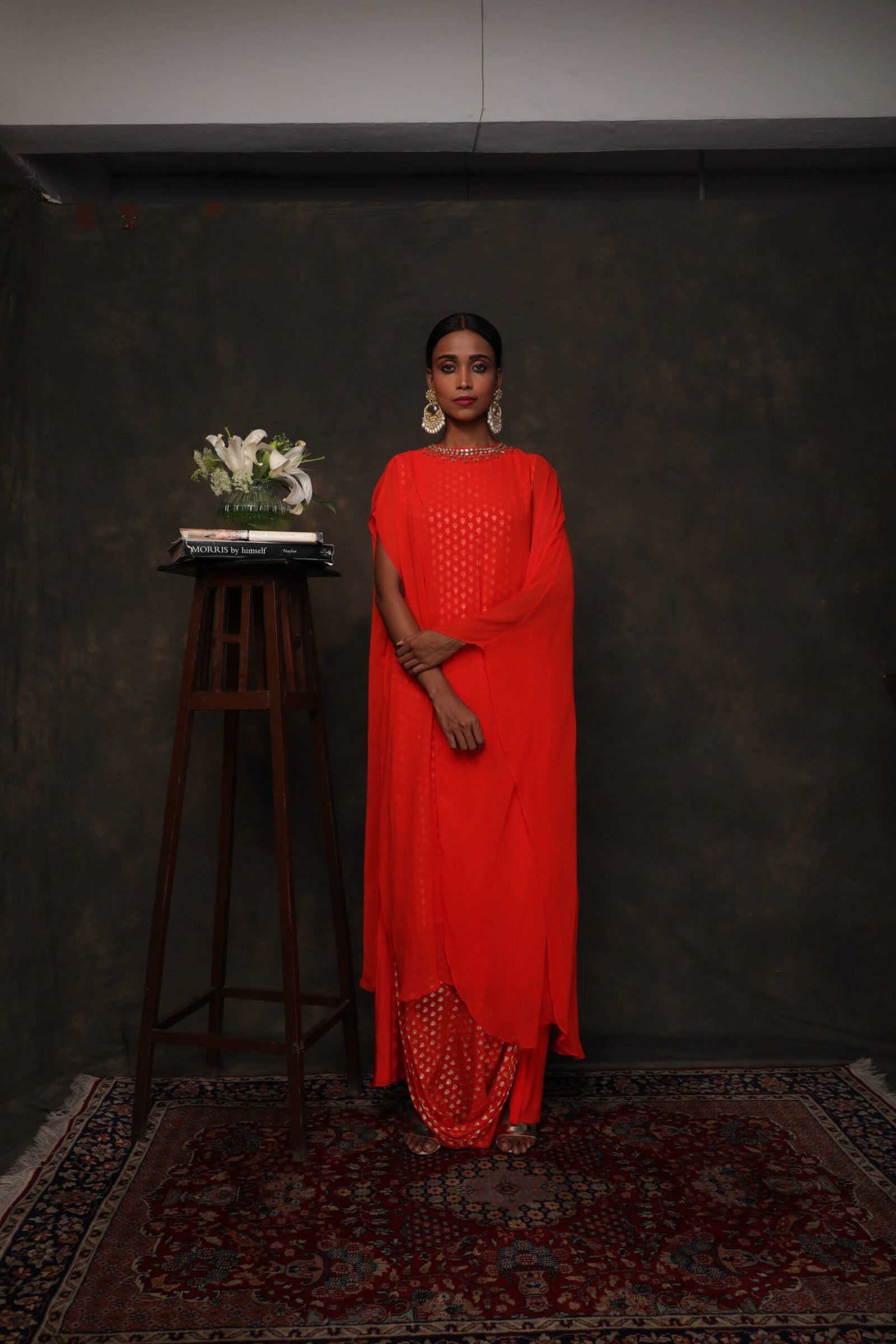 Coral georgette kaftan with printed gold butta slip and a cowl skirt