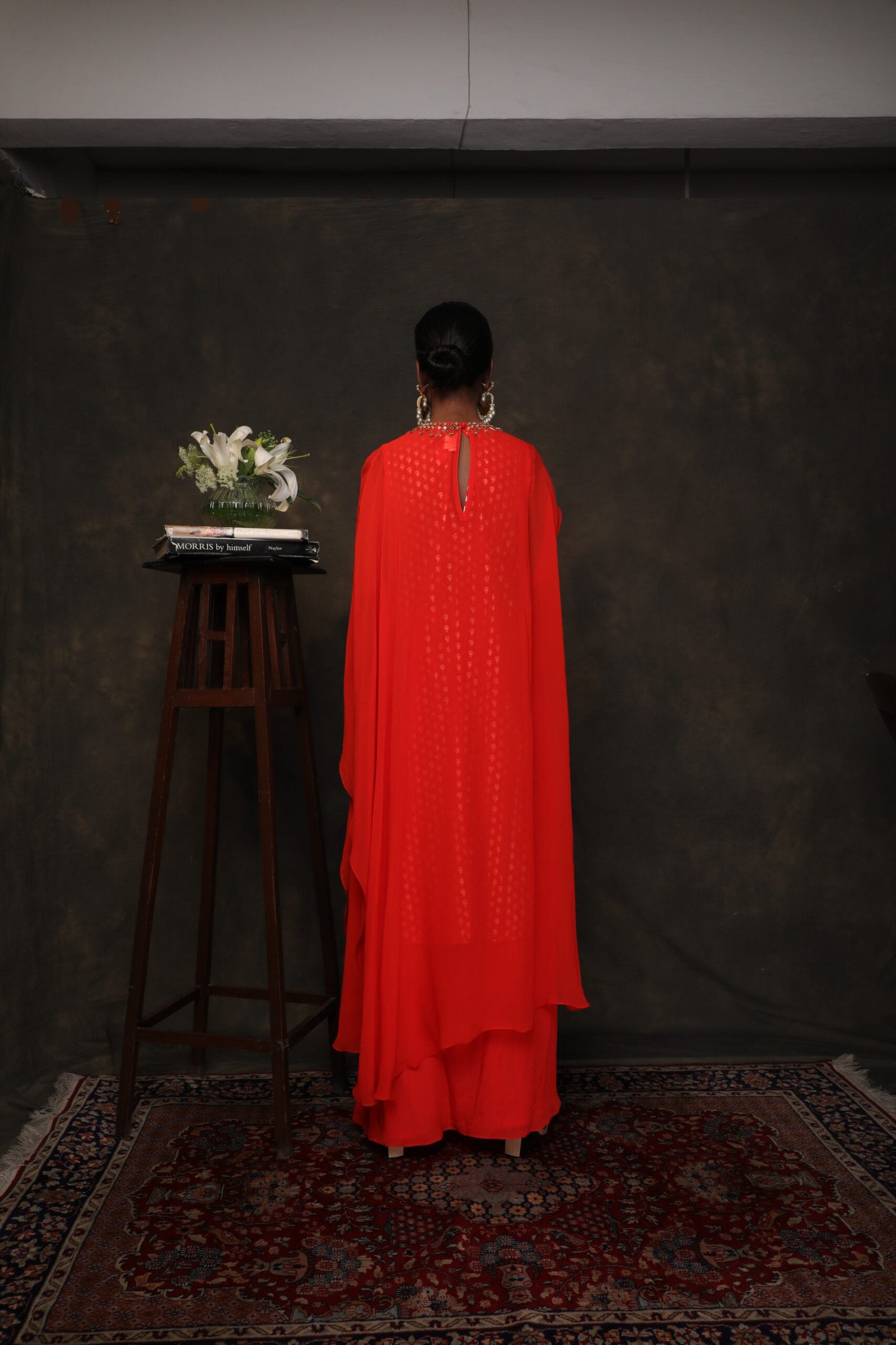 Coral georgette kaftan with printed gold butta slip and a cowl skirt