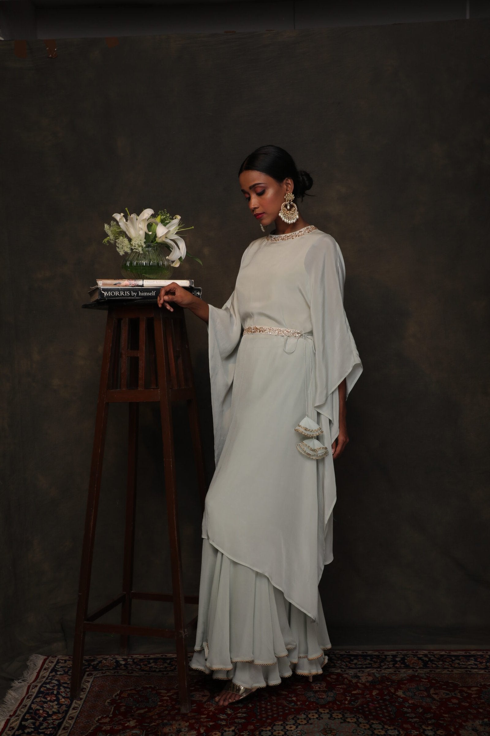 Mint crepe kaftan with double layered sharara and embroidered belt