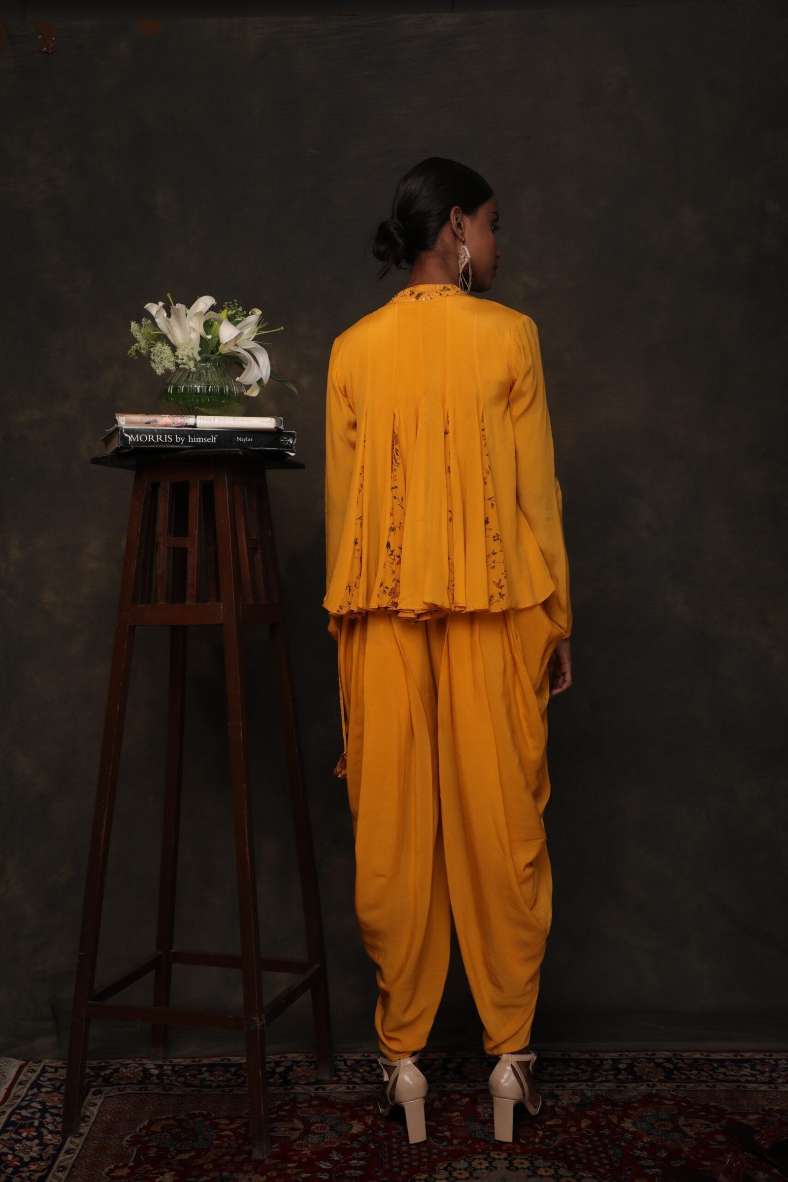 Lilly ochre crepe pannel top paired with a dhoti pant