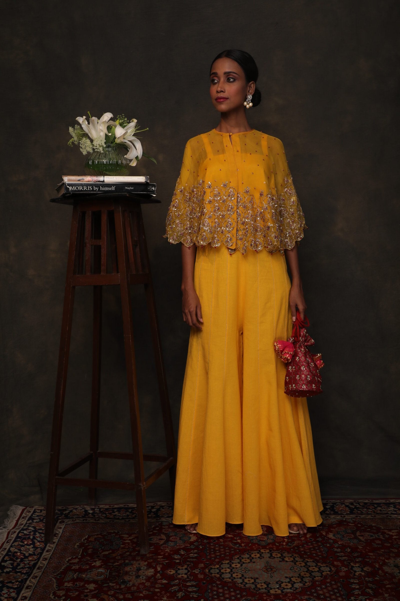 Lily ochre organza cape embroidered with yellow khadi sharara