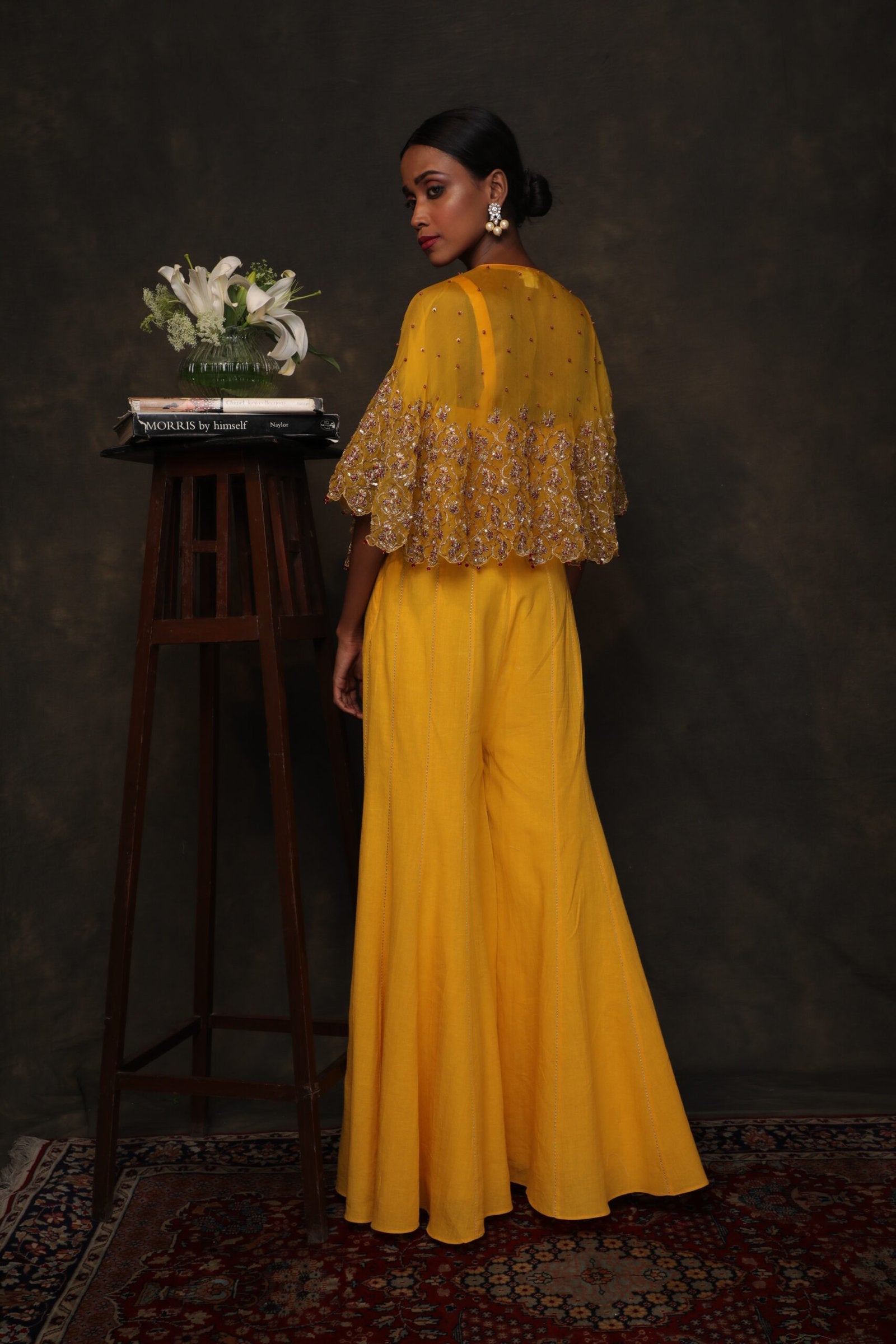 Lily ochre organza cape embroidered with yellow khadi sharara