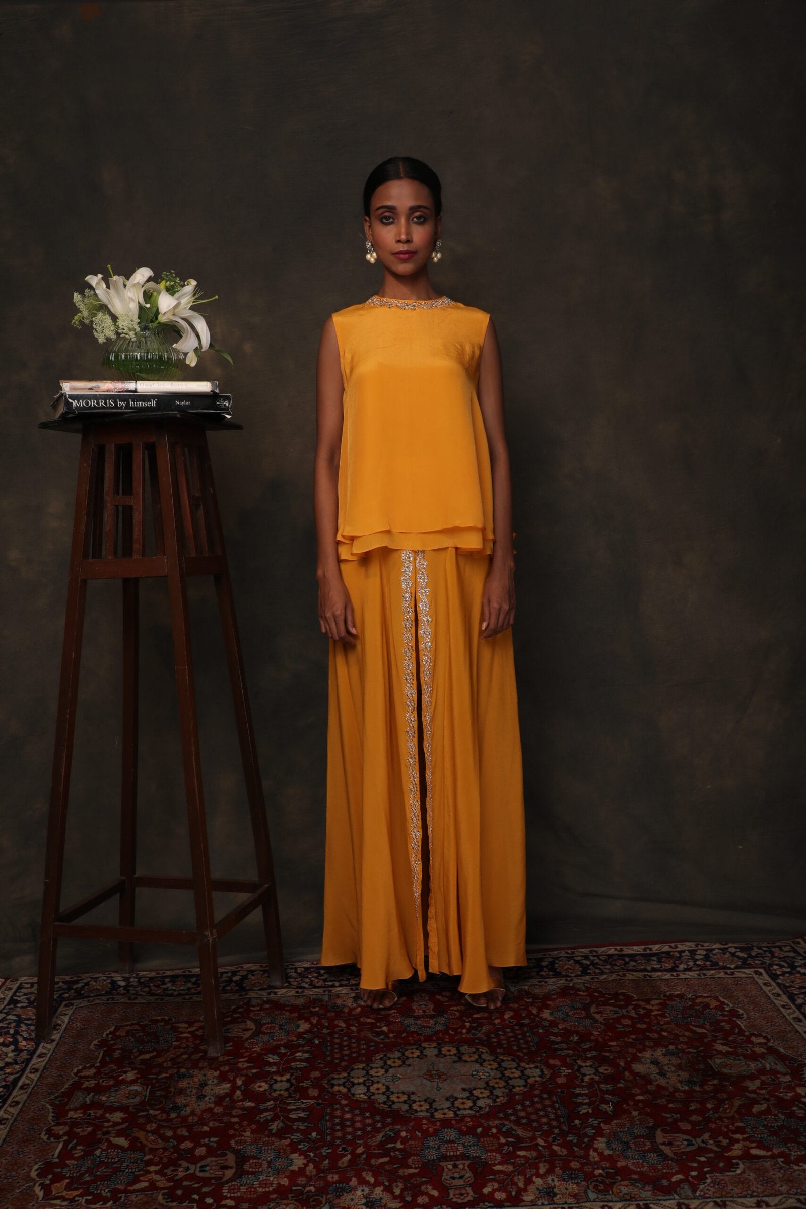 Lily ochre crepe double layered top, with open sharara