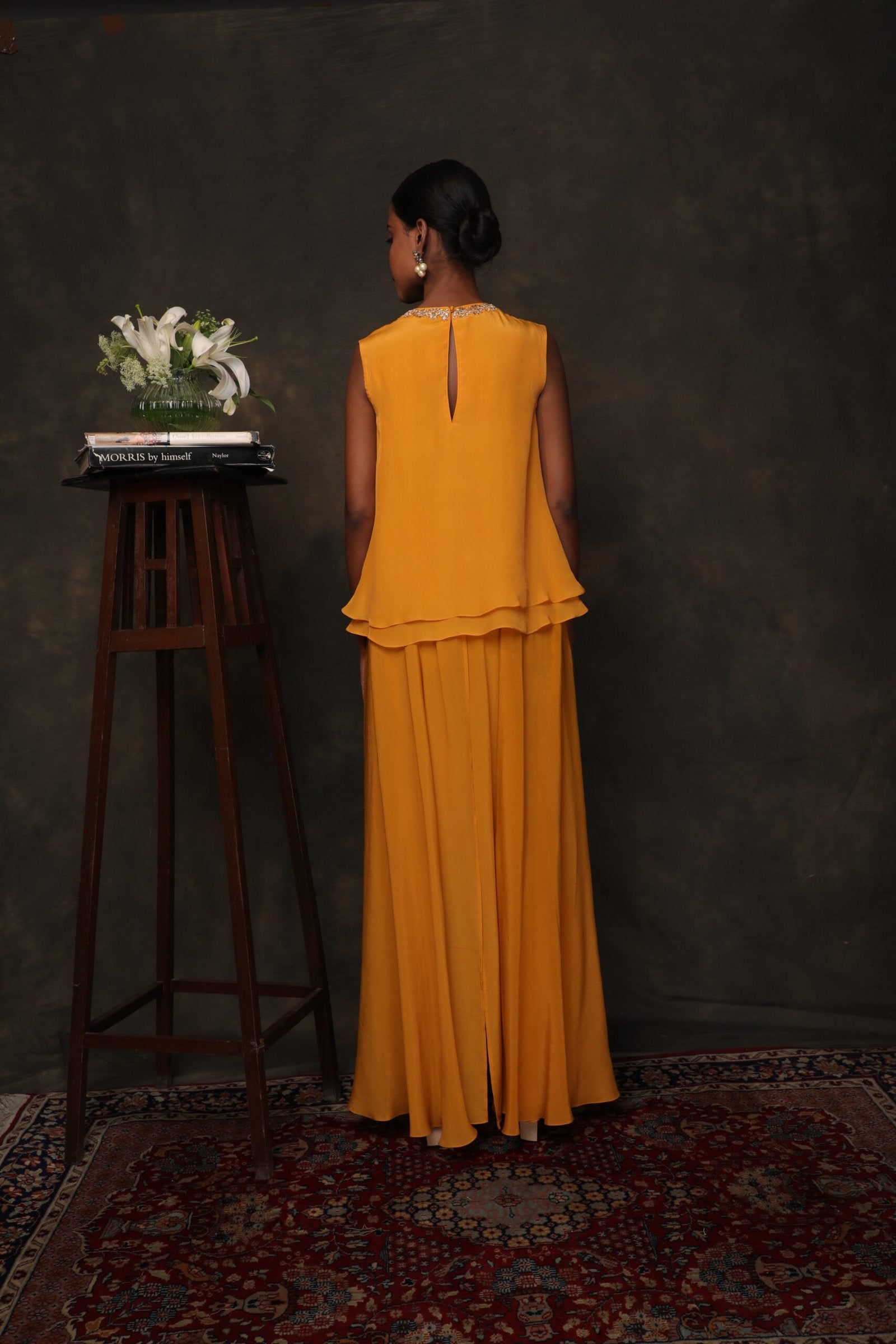 Lily ochre crepe double layered top, with open sharara