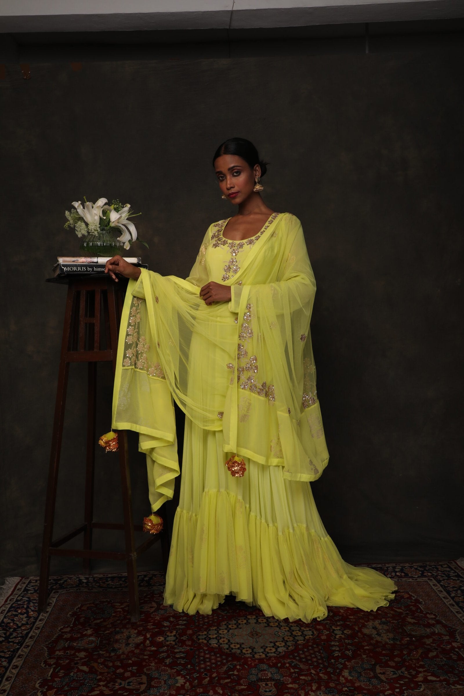 Lime green crepe hand printed gold buta kalidar with hand embroidered dupatta