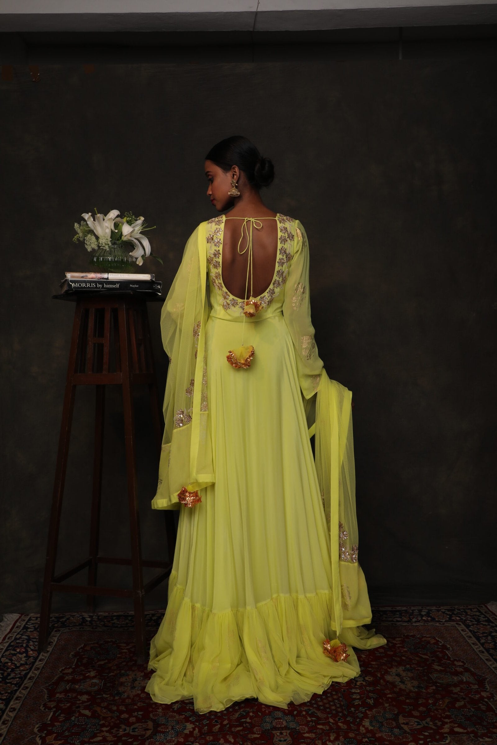 Lime green crepe hand printed gold buta kalidar with hand embroidered dupatta