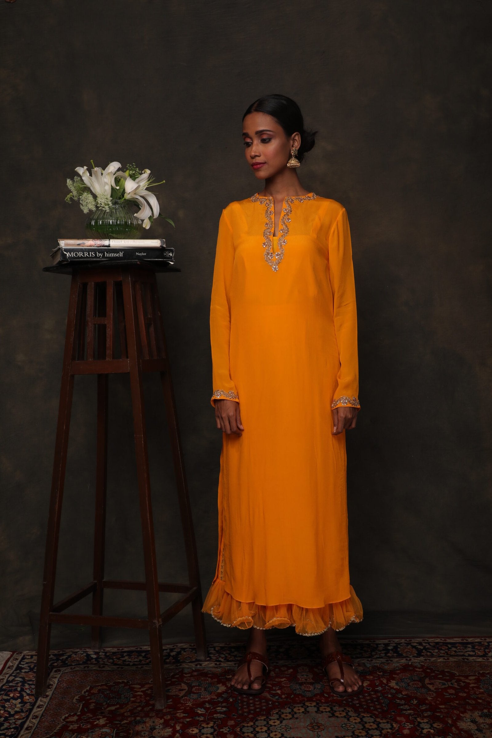 Lily ochre silk kurta embroidered with a cropped pants with frilled edges