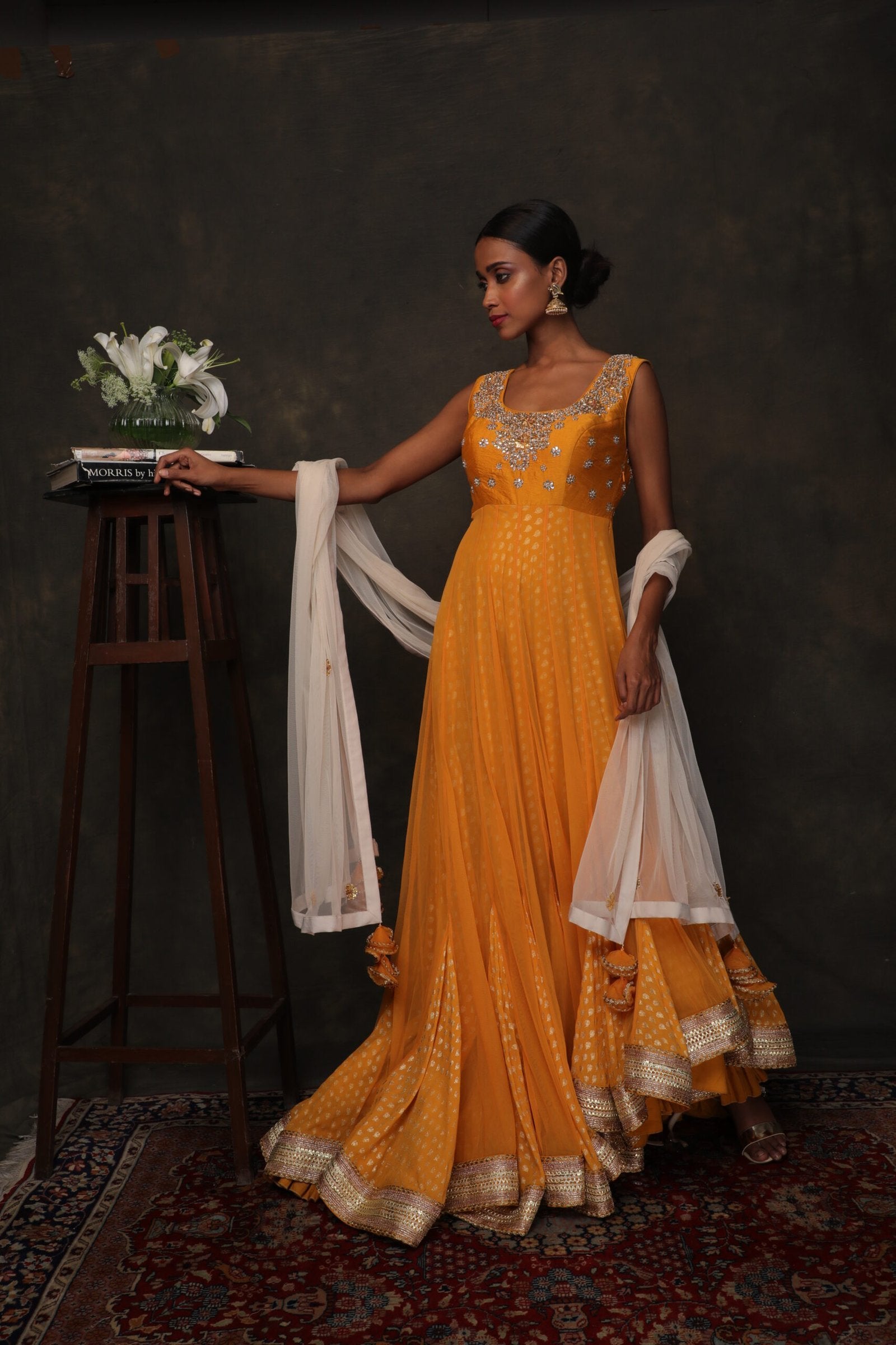 Lilly ochre soft net gold hand printed assymetric kalidar with churidar and dupatta