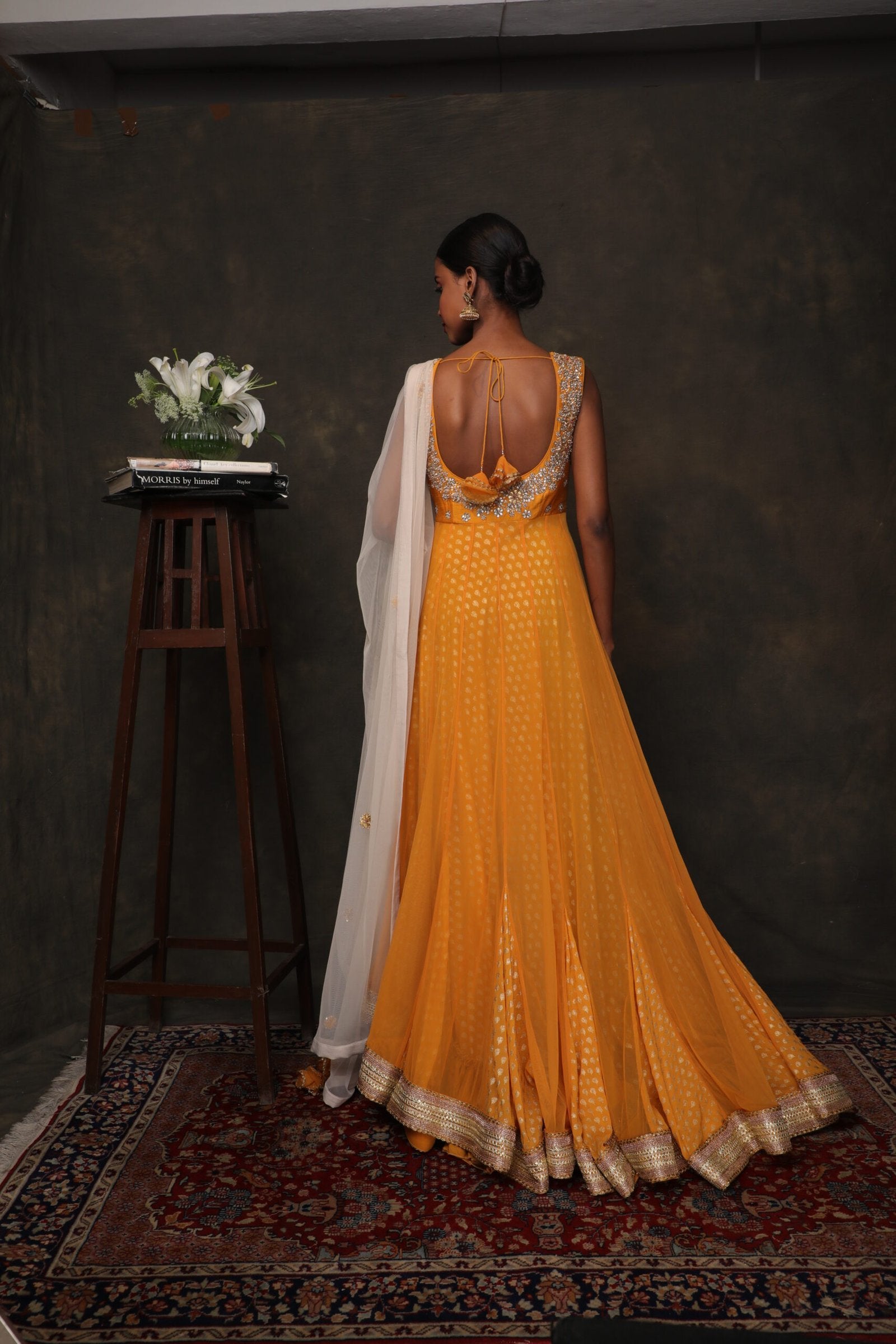 Lilly ochre soft net gold hand printed assymetric kalidar with churidar and dupatta