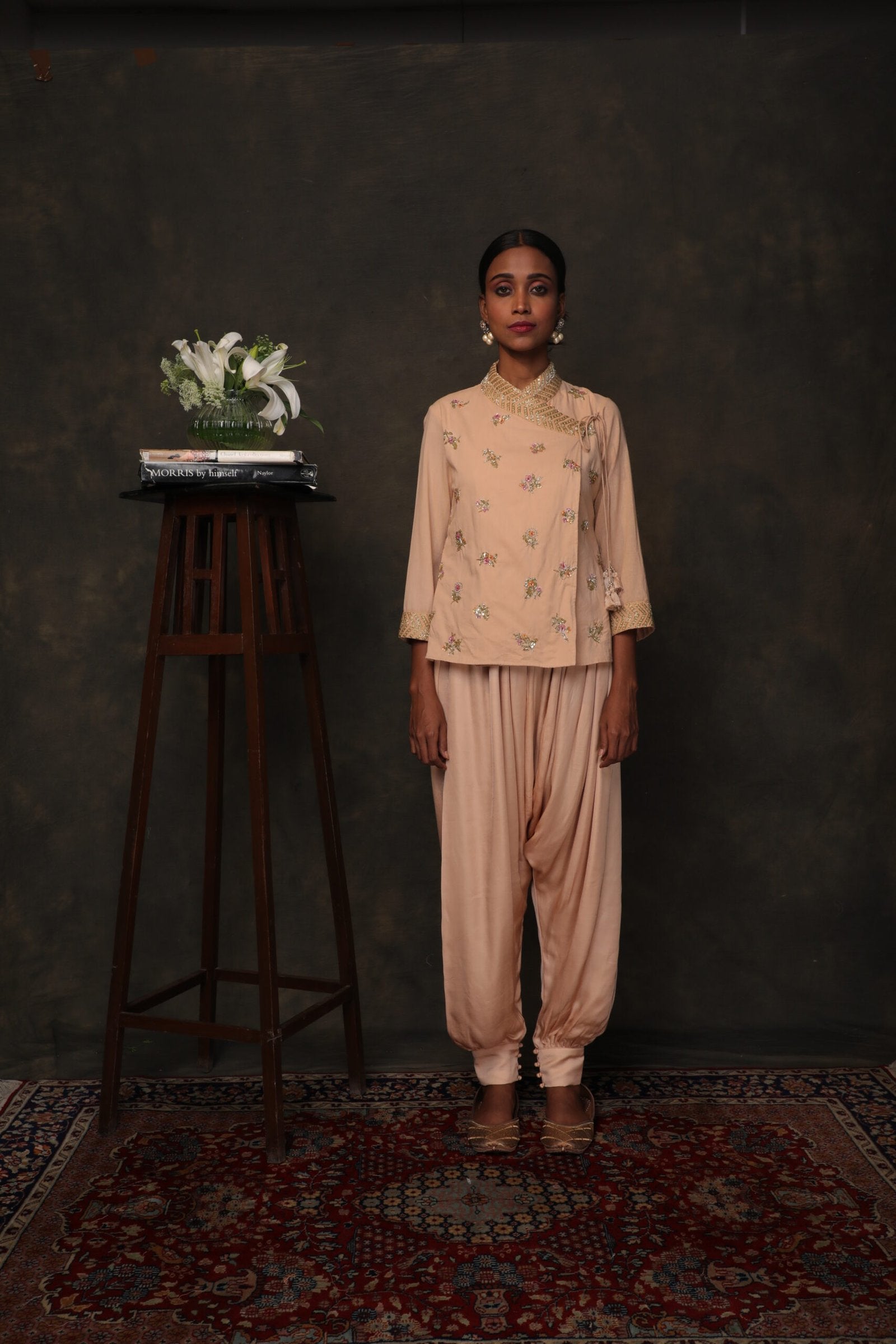 Caramel cotton angrakha top with silk satin harem pants