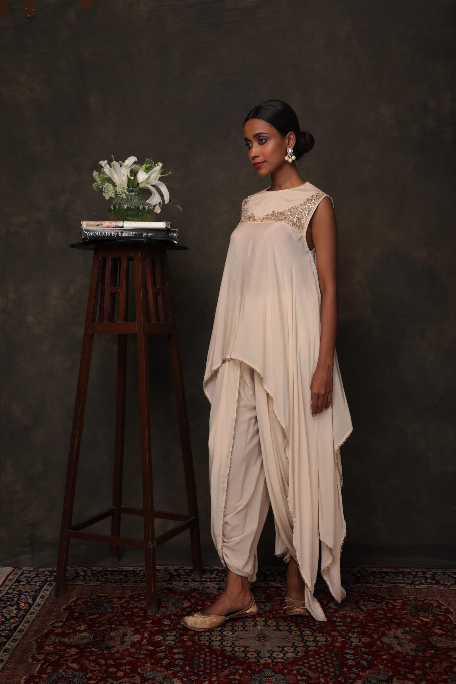 Caramel crepe asymmetrical tunic with dhoti pants