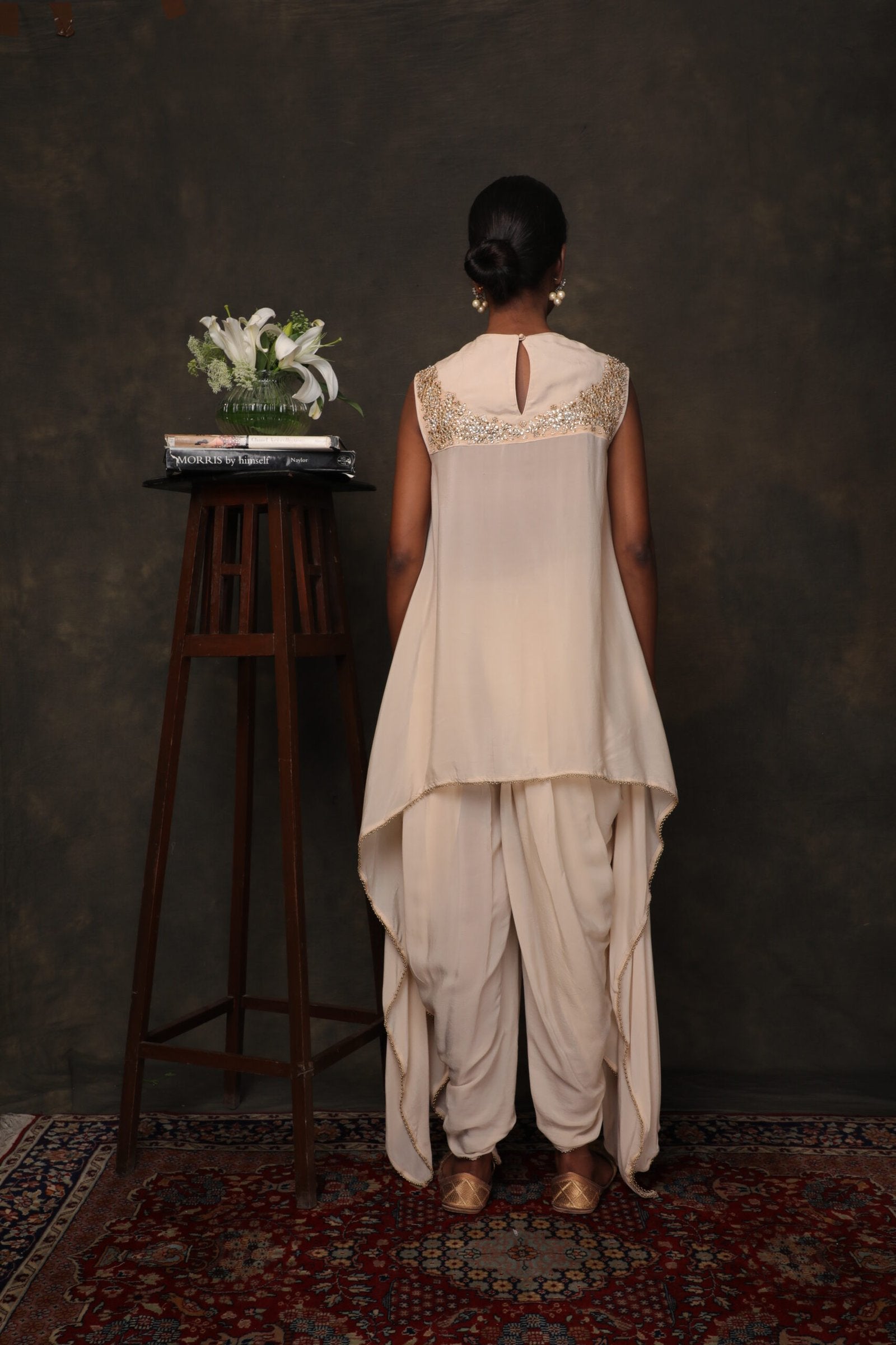 Caramel crepe asymmetrical tunic with dhoti pants