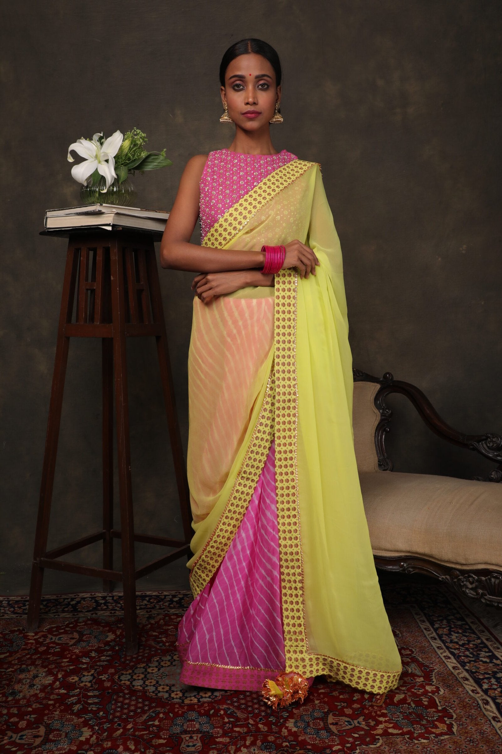 Lime green chiffon saree with lehariya pleats with a hand embroidered and printed blouse