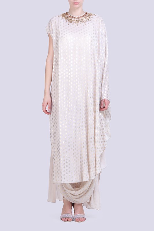 Ghee gold foil printed kaftan with a printed cowl skirt.
