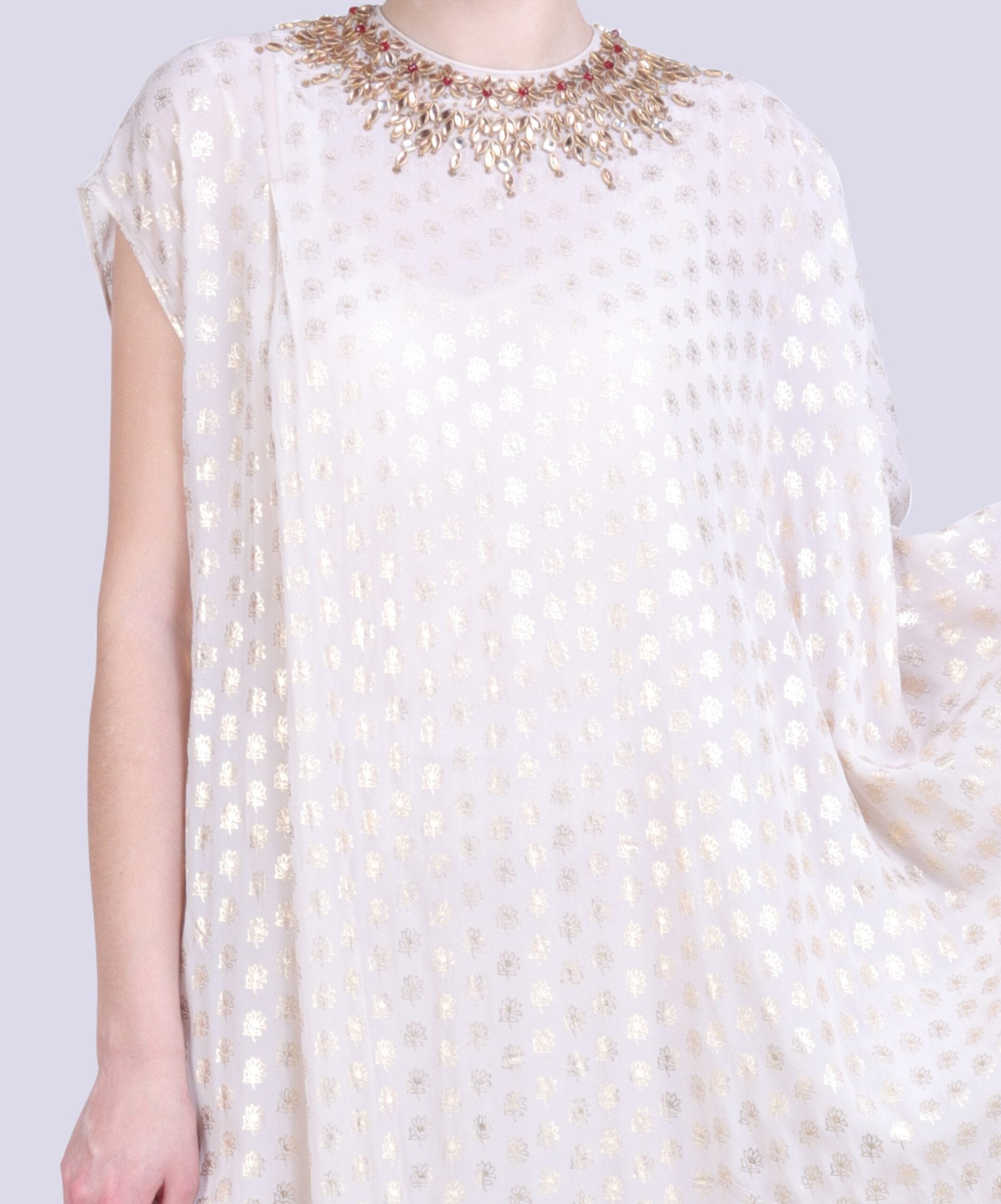 Ghee gold foil printed kaftan with a printed cowl skirt.