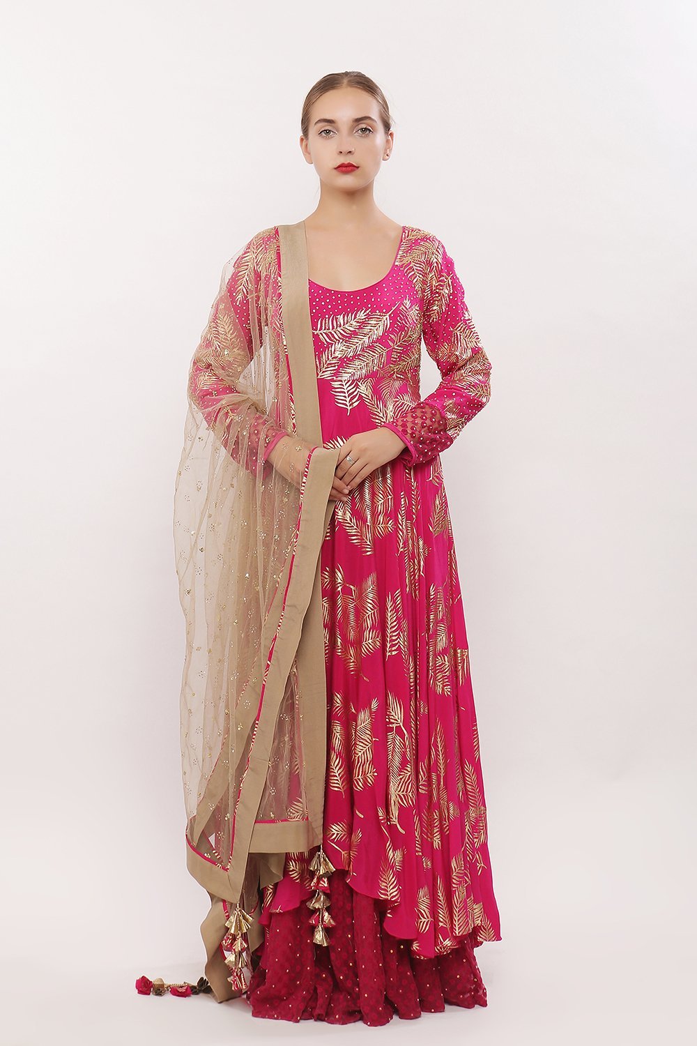 Gold printed anarkali with net frills along chudidaar and dupatta