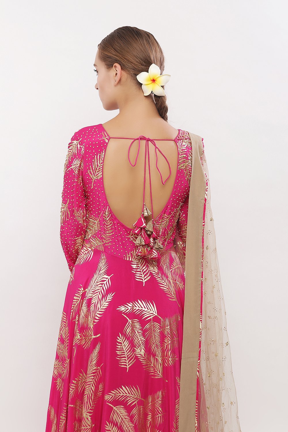 Gold printed anarkali with net frills along chudidaar and dupatta
