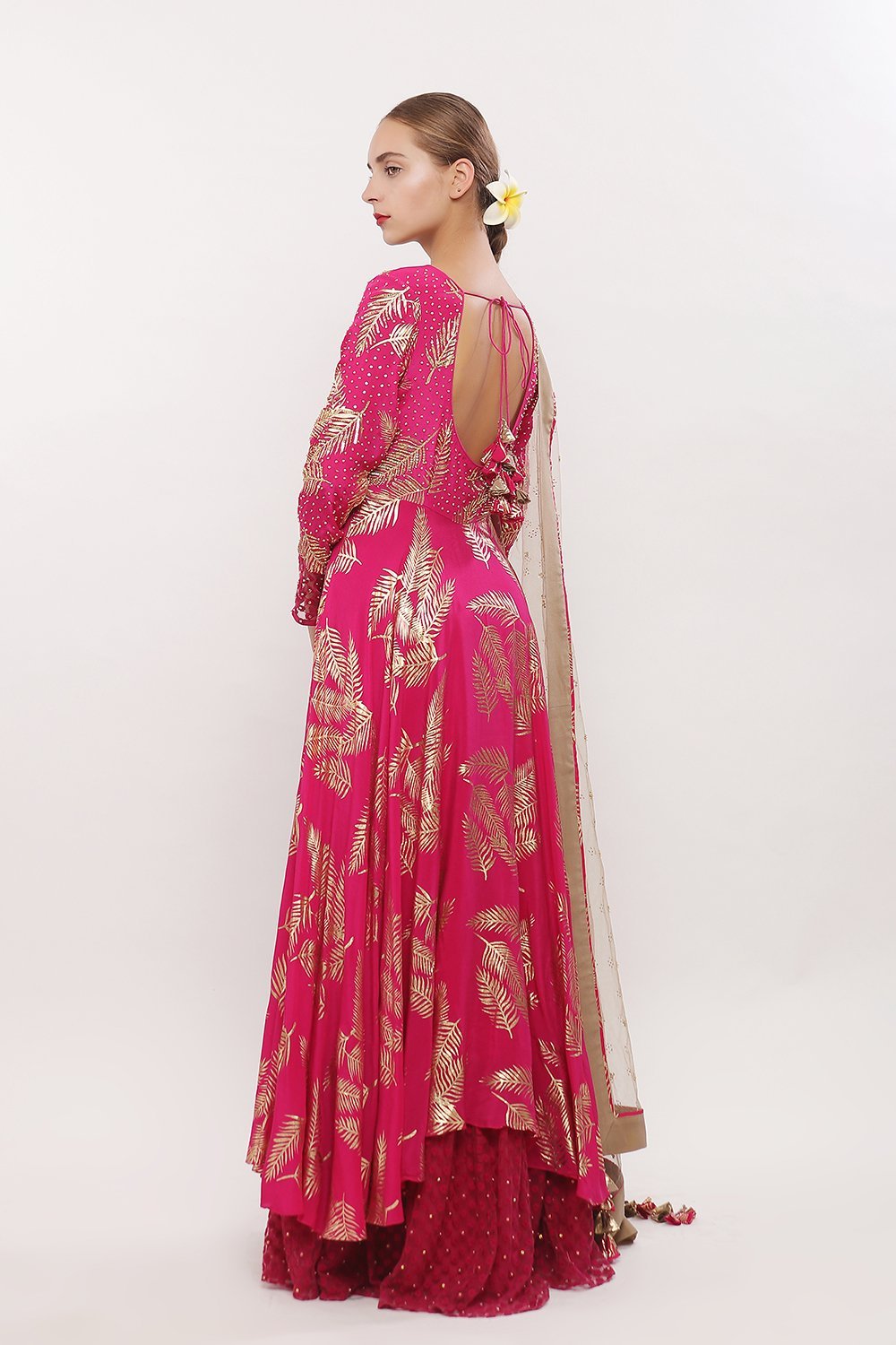 Gold printed anarkali with net frills along chudidaar and dupatta