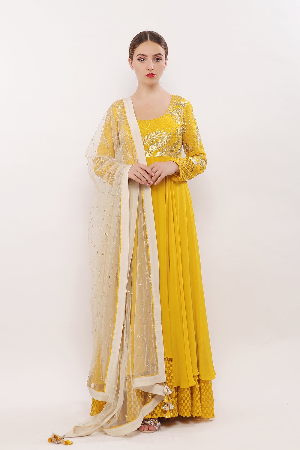Asymmetrical anarkali with net frills along chudidaar and dupatta