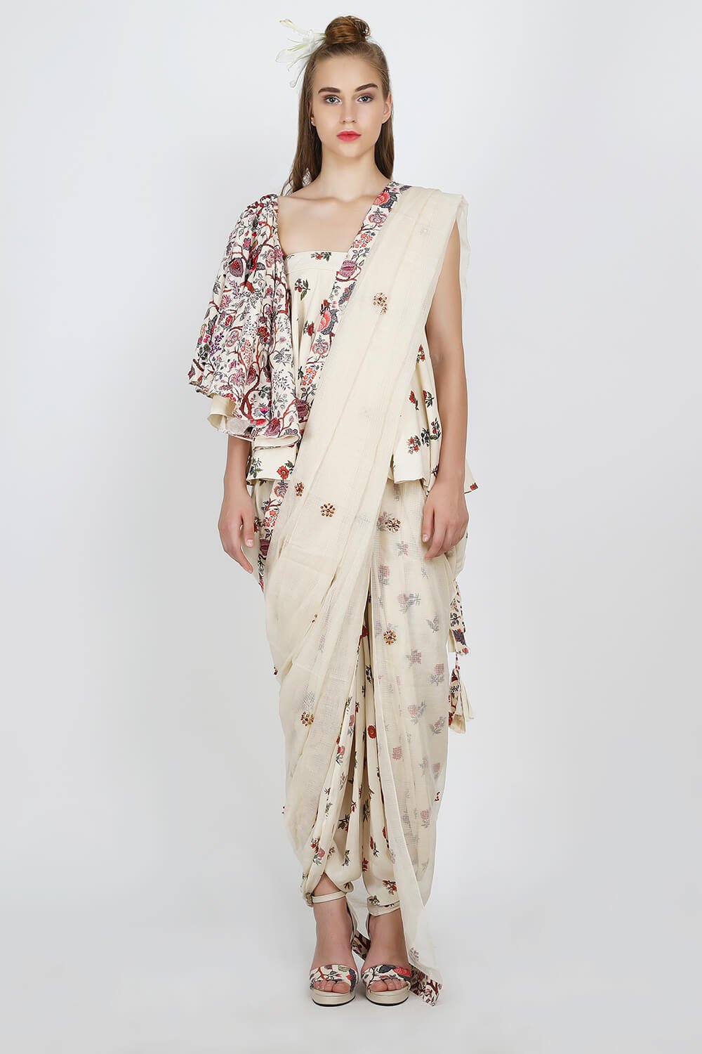 one shoulder printed blouse with cowl dhoti and dupatta