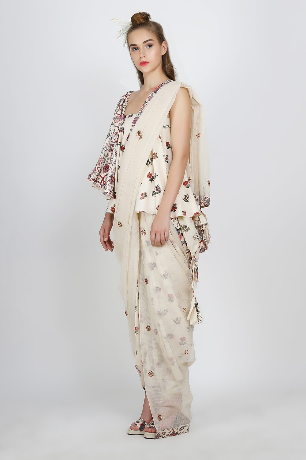 one shoulder printed blouse with cowl dhoti and dupatta