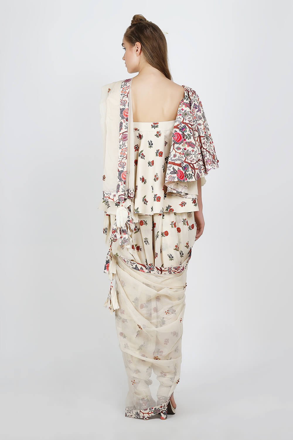 one shoulder printed blouse with cowl dhoti and dupatta