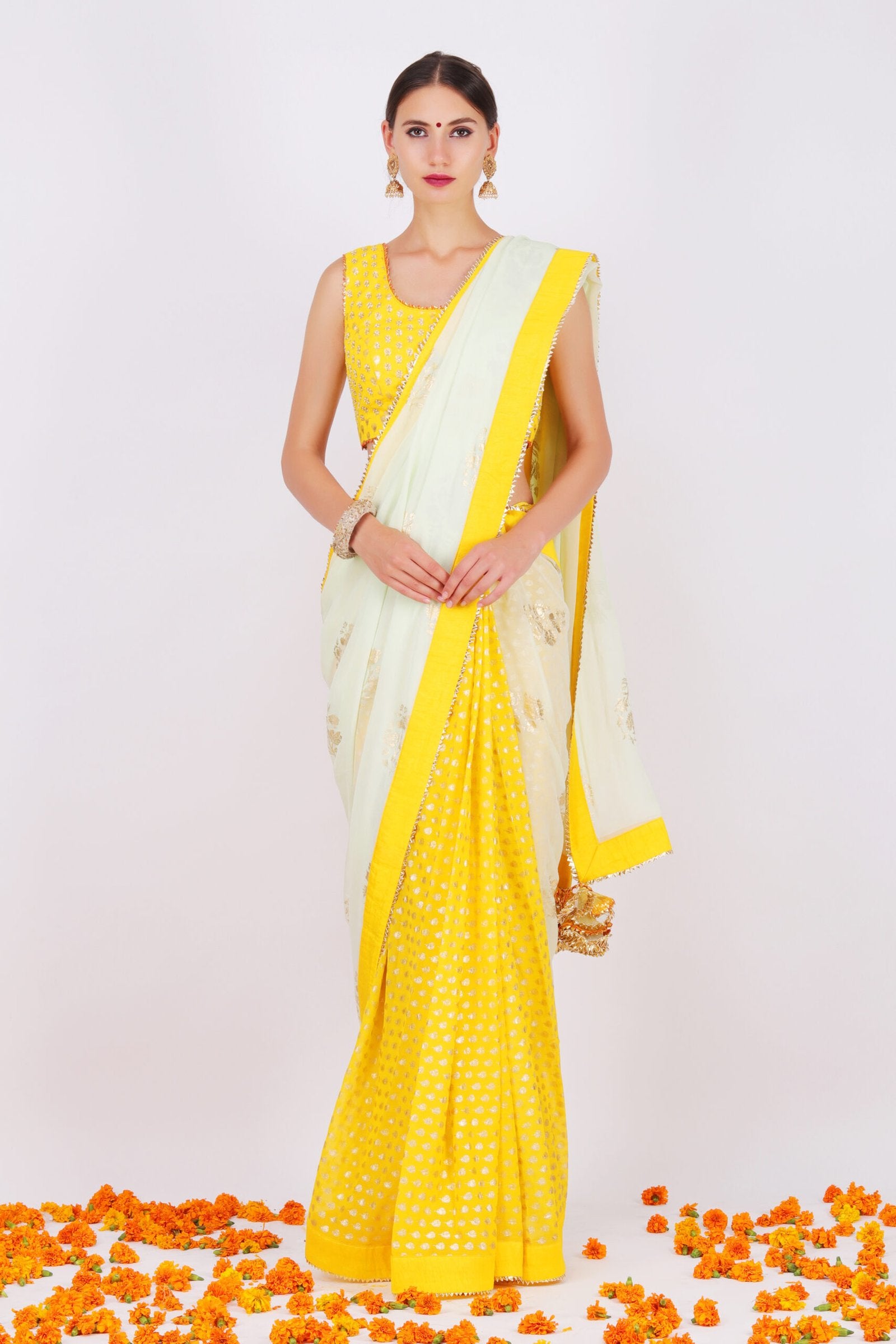 Pista georgette jaipuri guldasta foil printed palla sari with yellow jasmine bud foil printed tie up back blouse