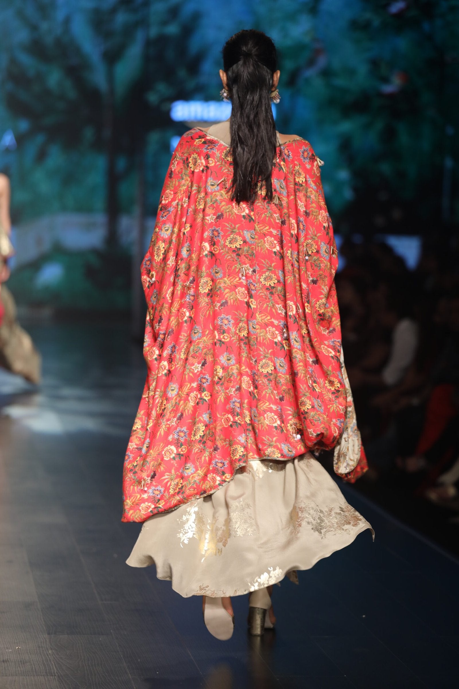 Bibi badal printed asymtical dress with laal jaal cape