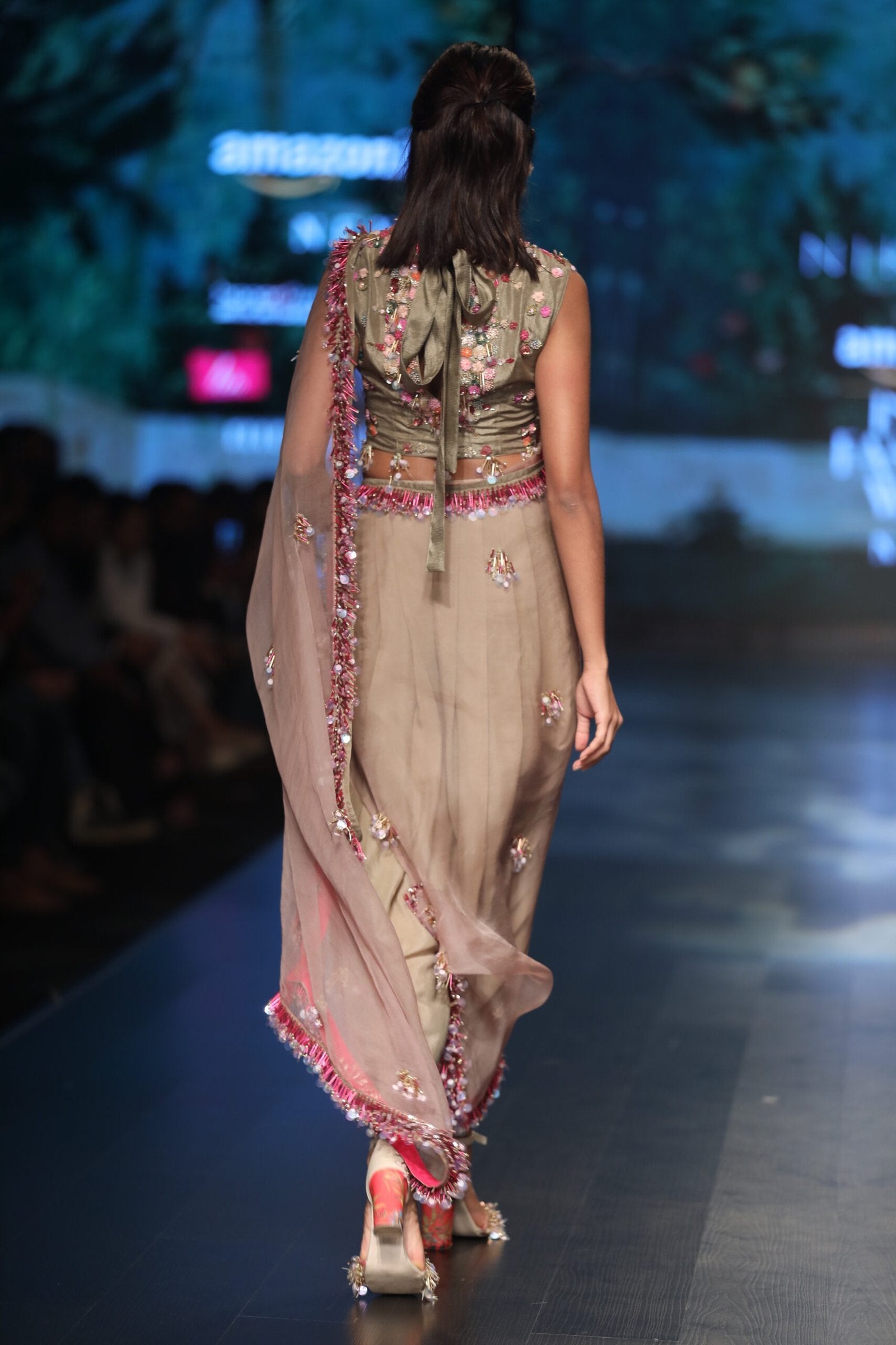 Fully cloud embroidred blouse with grey heavily embroidred dhoti sari