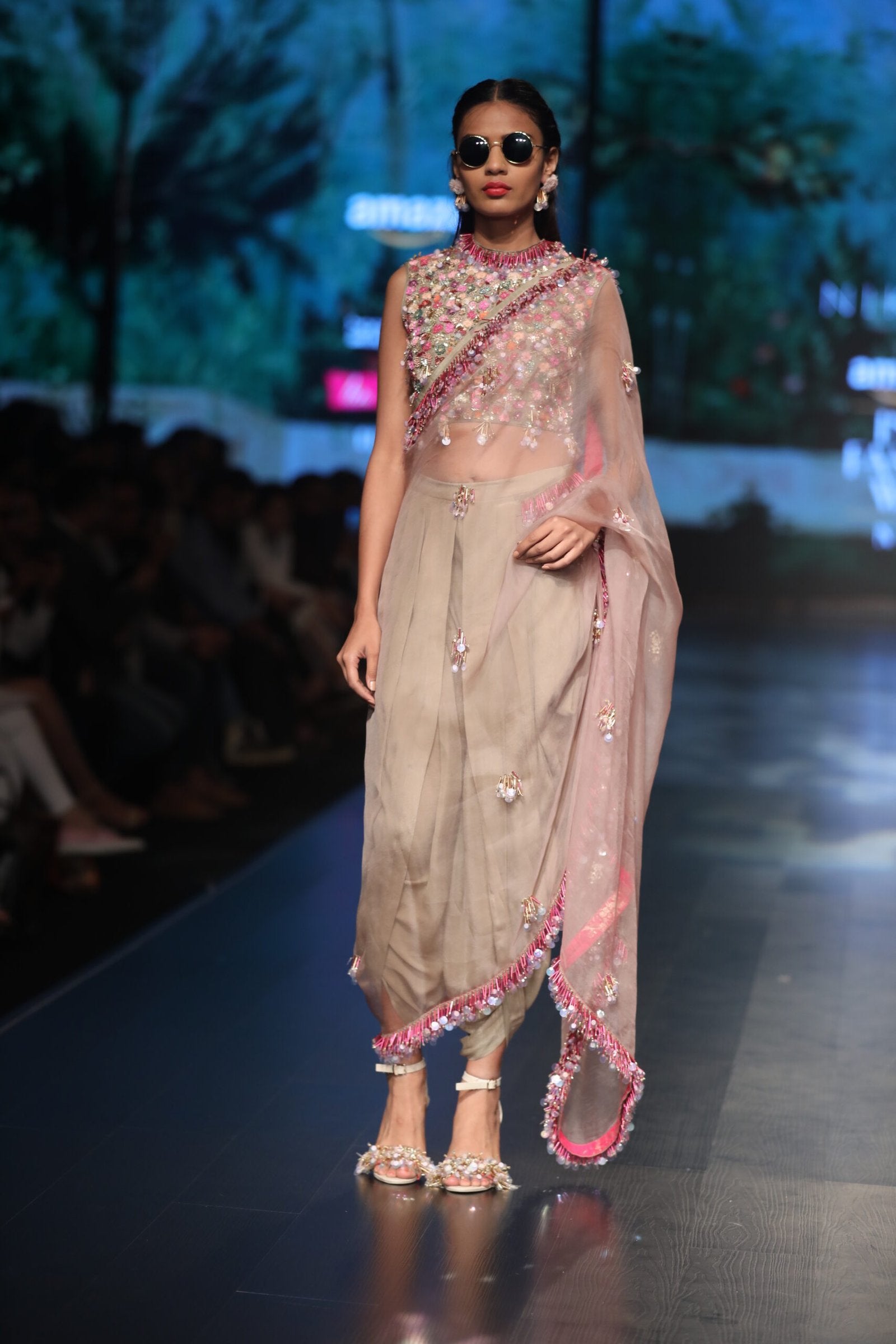 Fully cloud embroidred blouse with grey heavily embroidred dhoti sari
