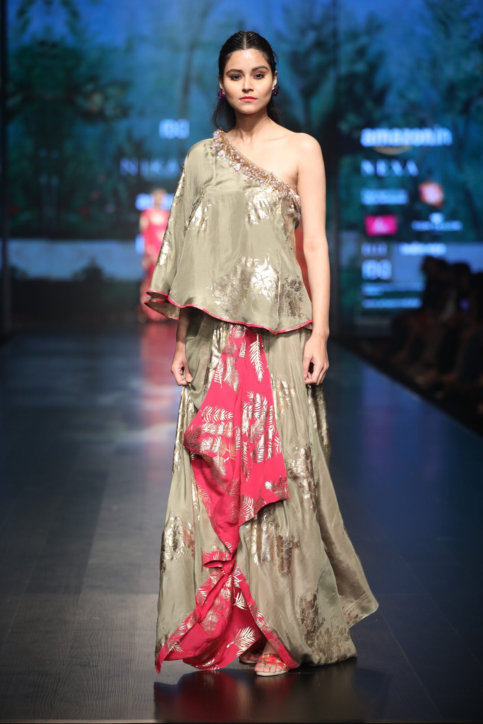 Bibi badal printed one shoulder top with bibi badal printed side overlap skirt