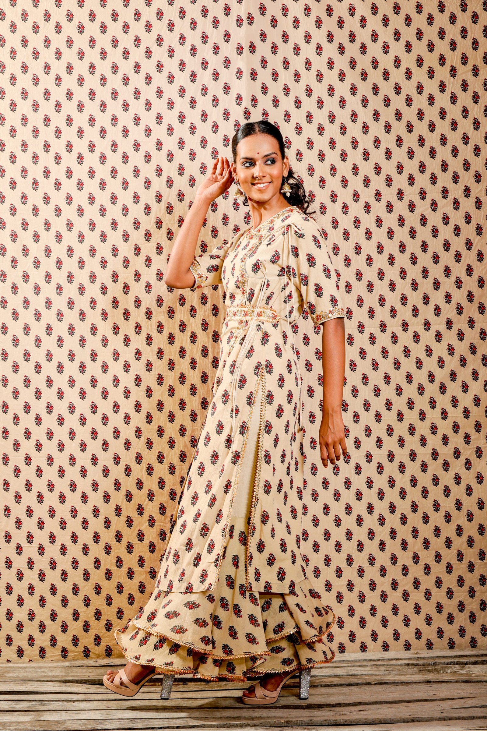 Beige hand wooven cotton silk angrakha with sharara and dupatta