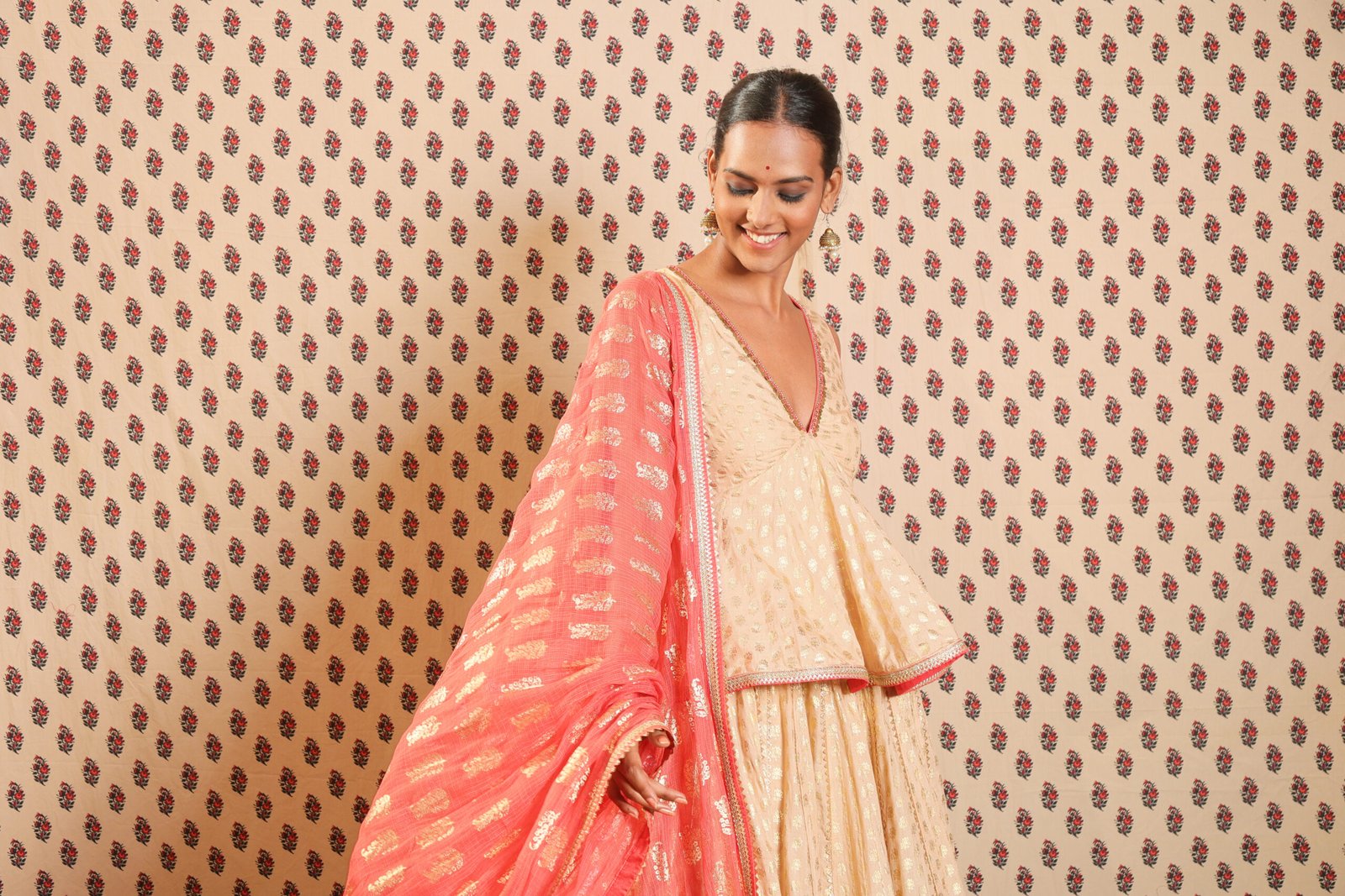 Light camel cotton silk lehenga with blouse and dupatta