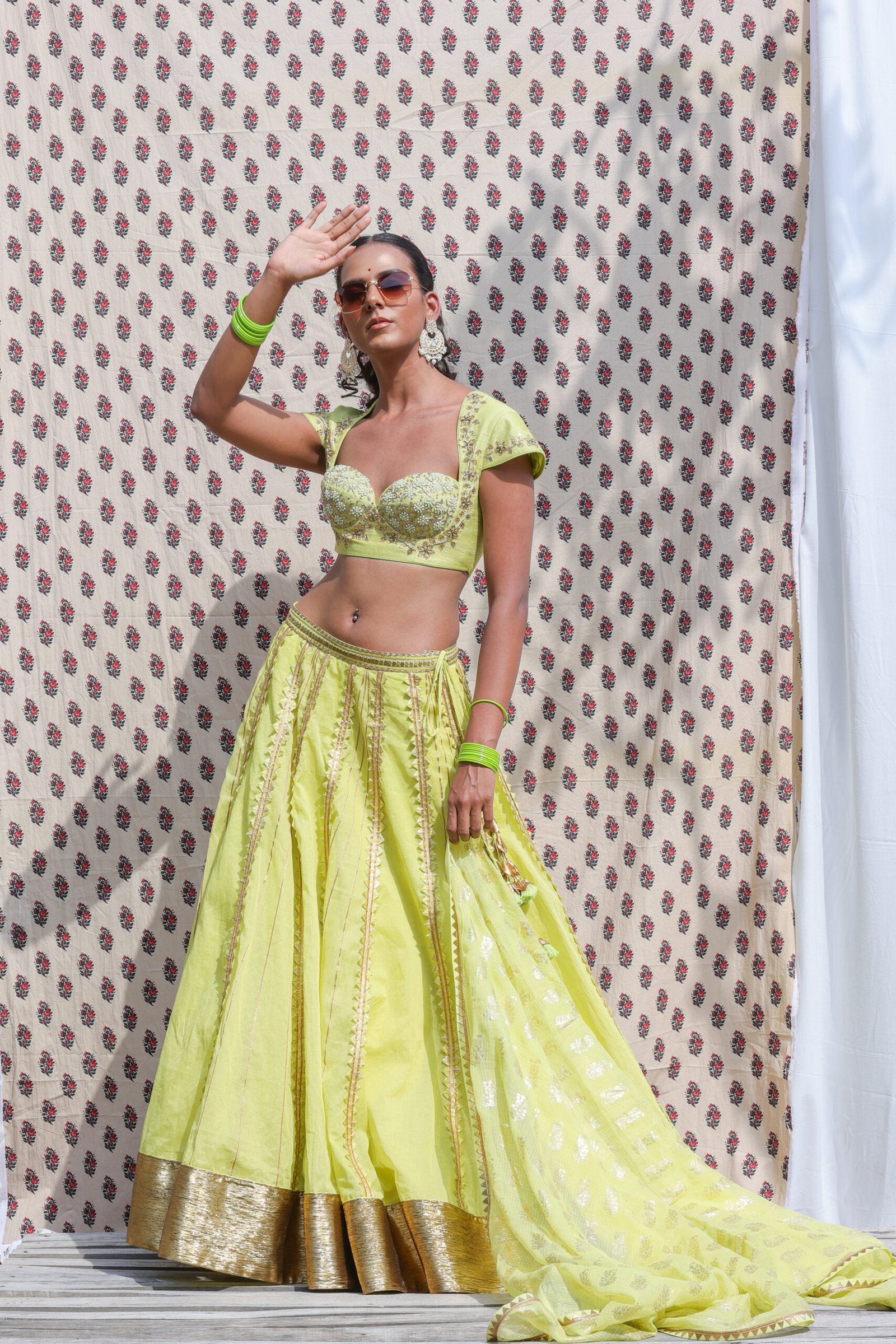 Lime green cotton silk emb blouse with organdi lehenga and dupatta