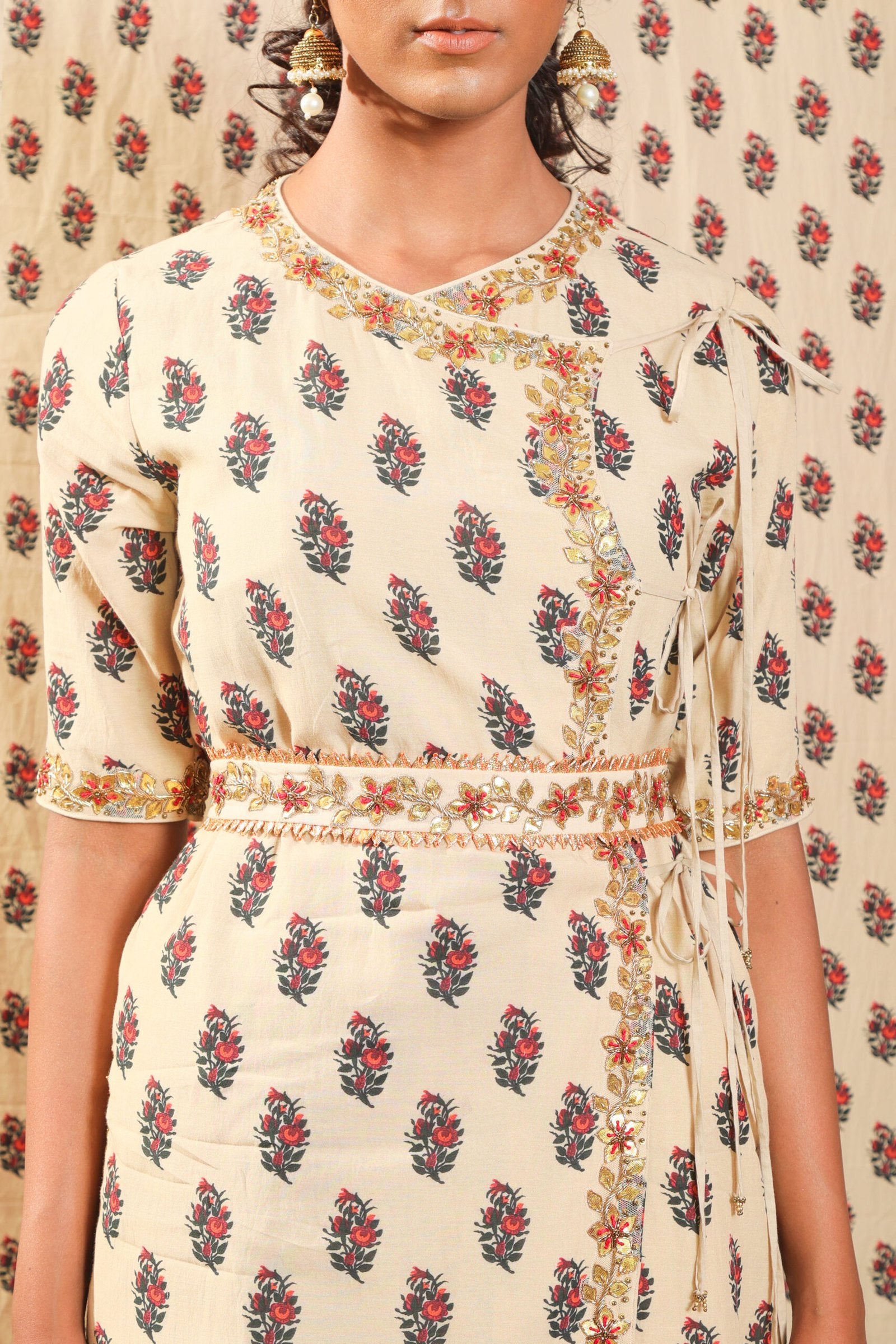 Beige hand wooven cotton silk angrakha with sharara and dupatta